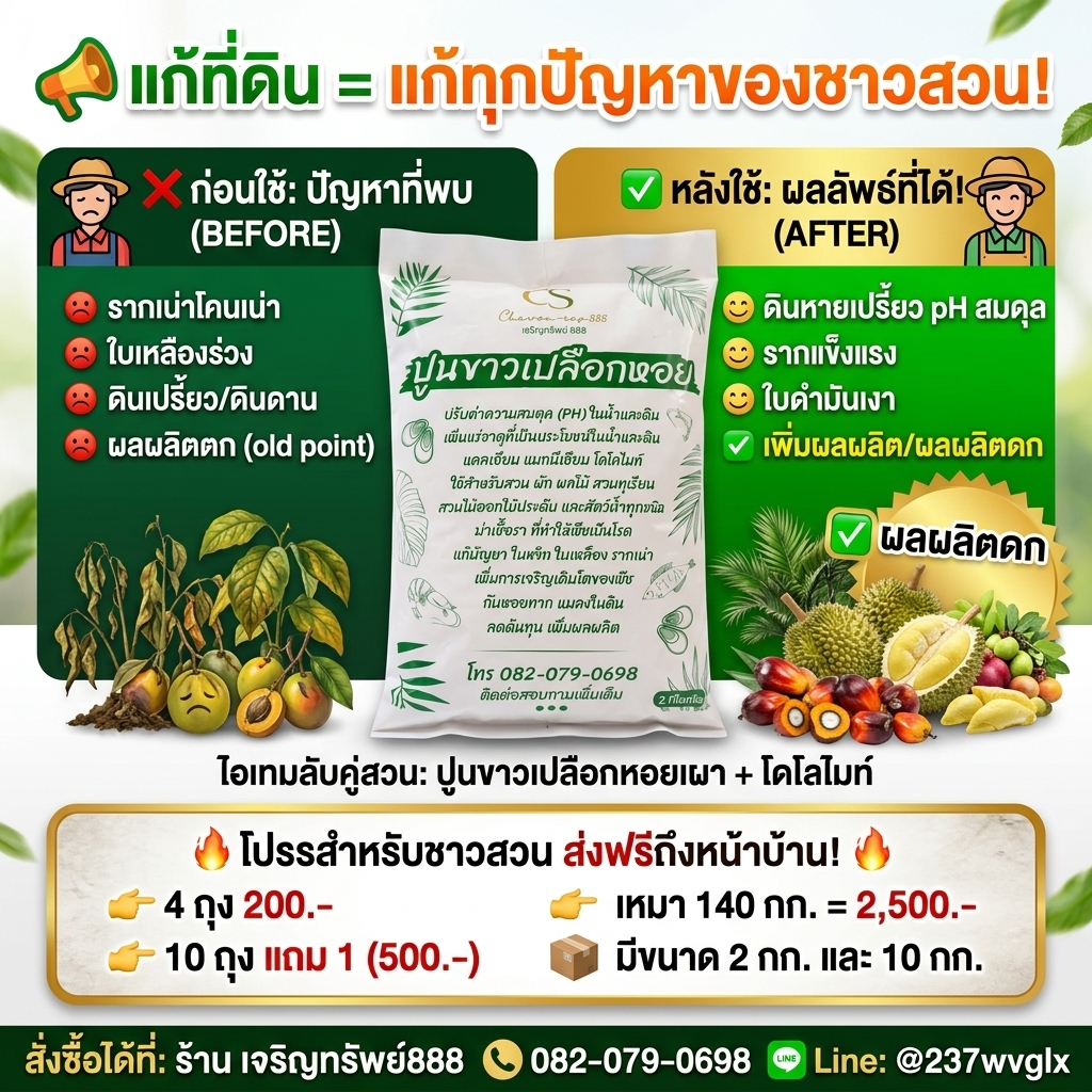 ปูนขาวเปลือกหอยแท้ ใบเหลือง ใบหงิก เชื้อราในดิน รากเน่า โทร.0820790698 Facebook ad