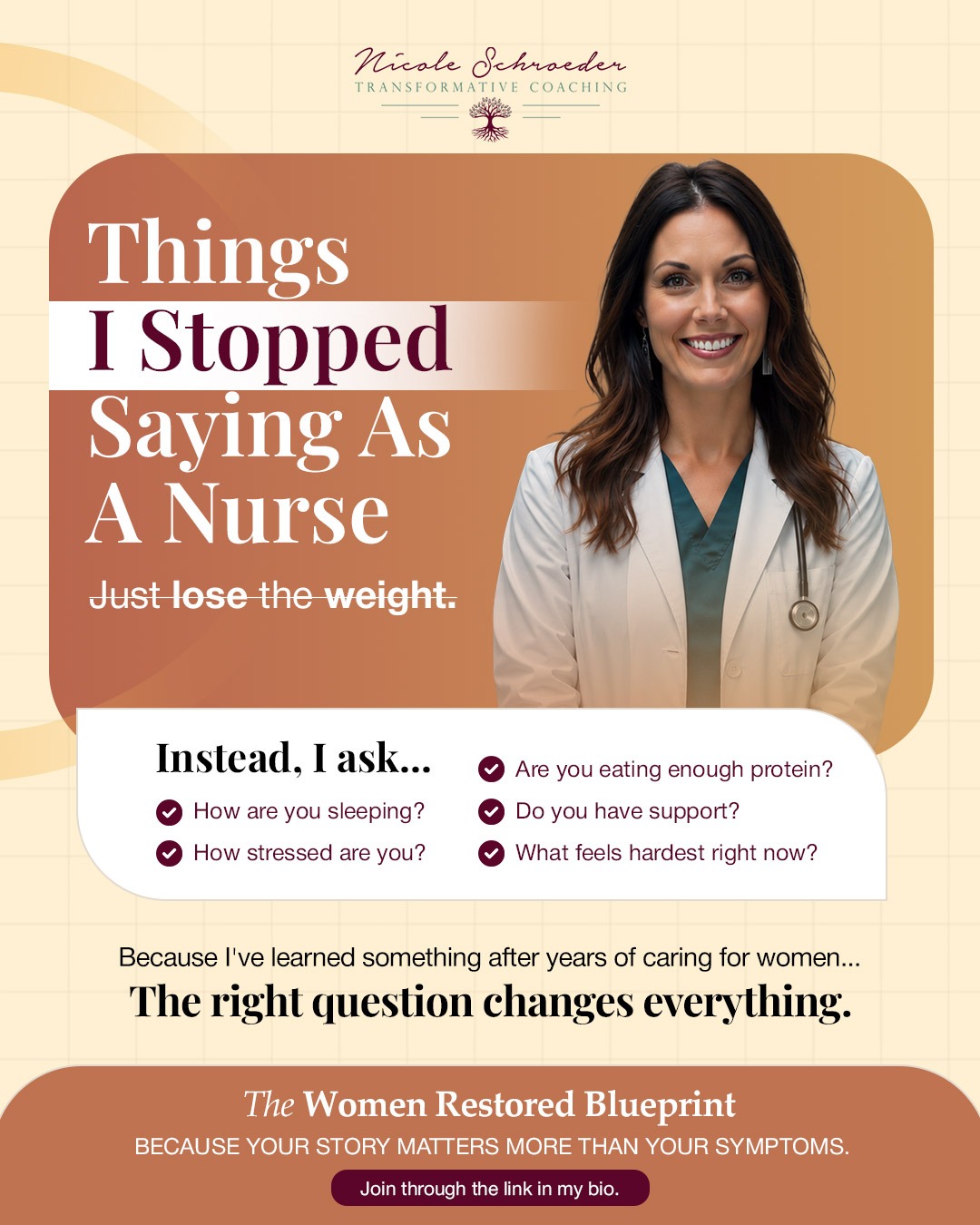 Nicole Schroeder Transformative Coaching Facebook ad: Women Restored Blueprint Landing Page
