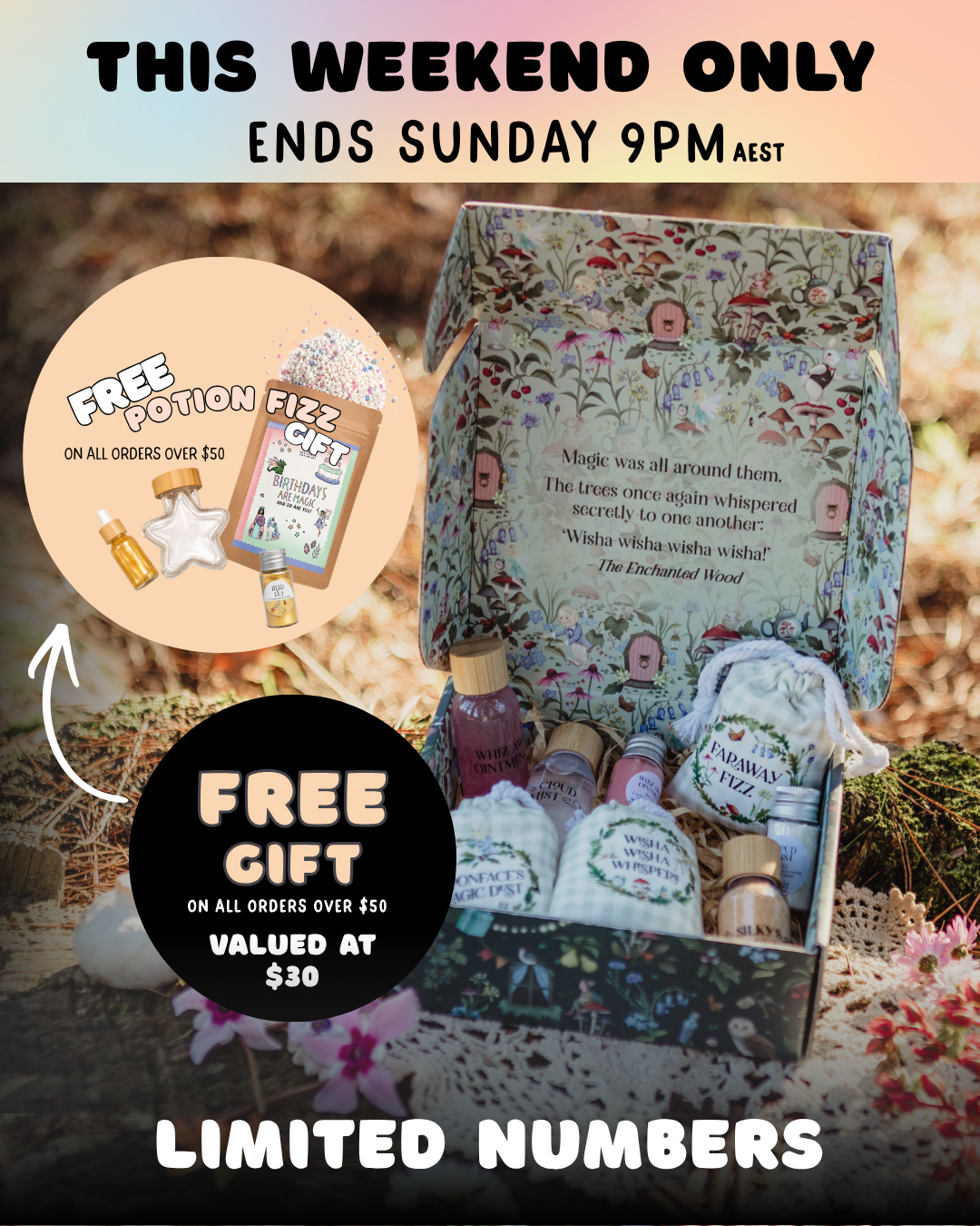 The Little Potion Co Facebook ad: FREE GIFT WHEN YOU SPEND $50+