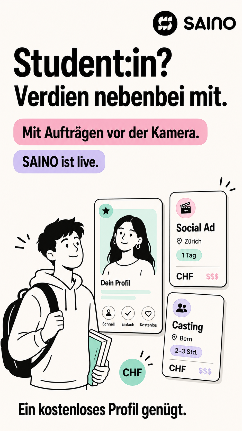 Saino Facebook ad: Nebenbei Geld verdienen vor der Kamera