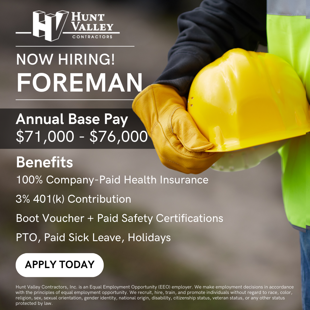 HUNT VALLEY CONTRACTORS Facebook ad: Site Work Foreman, $100K+ Avg. Annual Pay