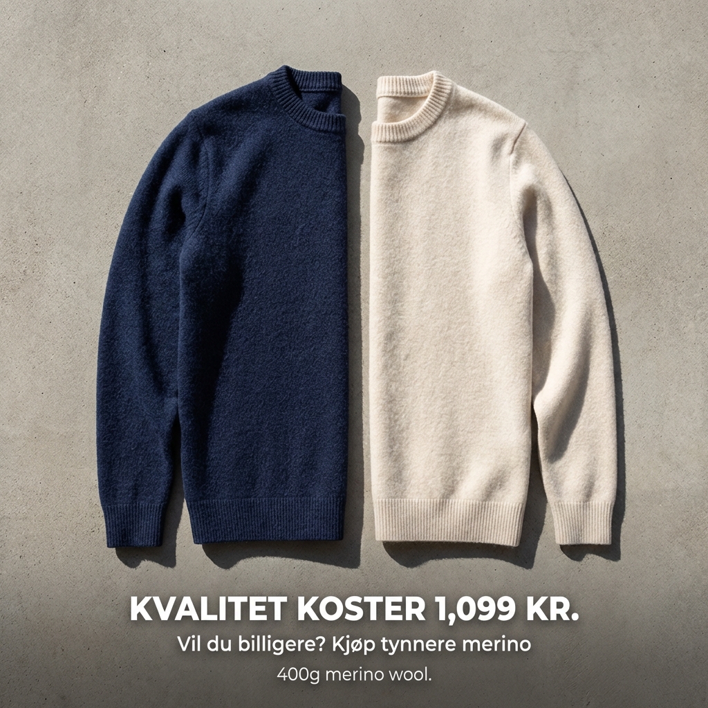 S.magnussen As Facebook ad: 400g Merinoull. Ikke Plast.