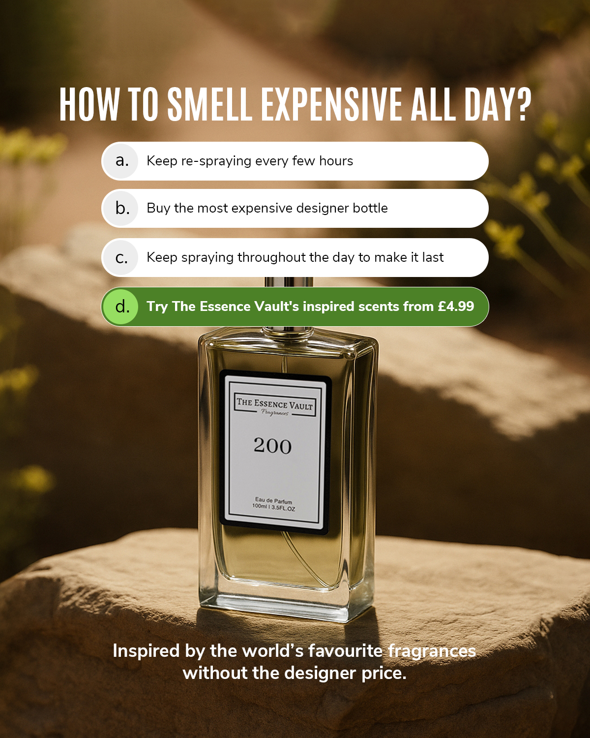 The Essence Vault Facebook ad: Designer Inspired Fragrances For Less