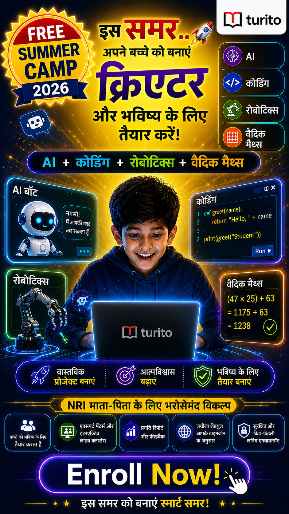 Turito USA Facebook ad: AI, Coding & Robotics सीखिए FREE में