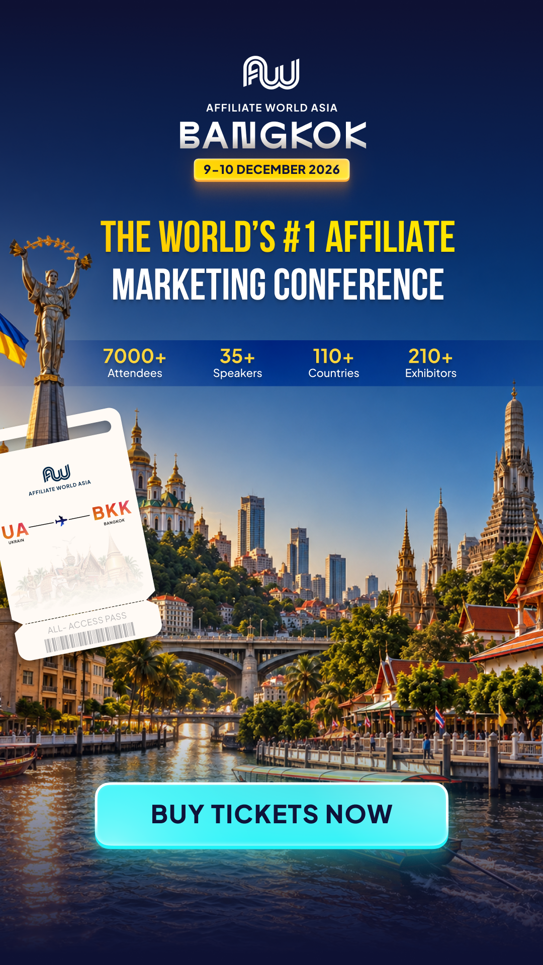 Affiliate World Conferences Facebook ad: Next stop: Bangkok. The industry is boarding.