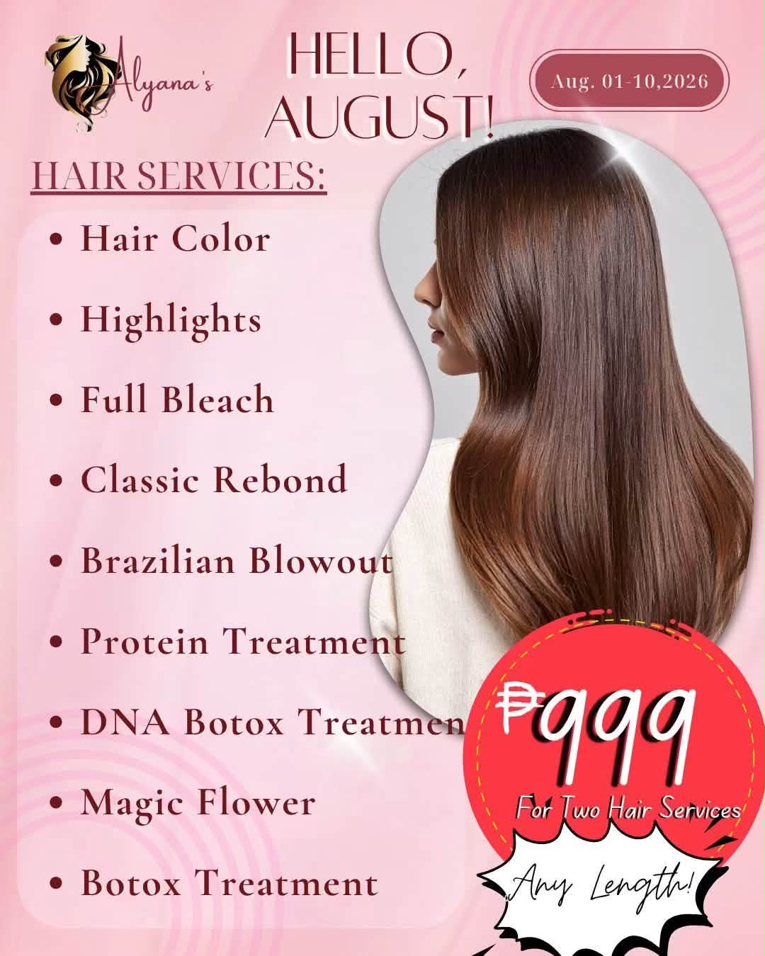 Alyana’s Shantina Bouture Salon and Spa Facebook ad: HELLO AUGUST