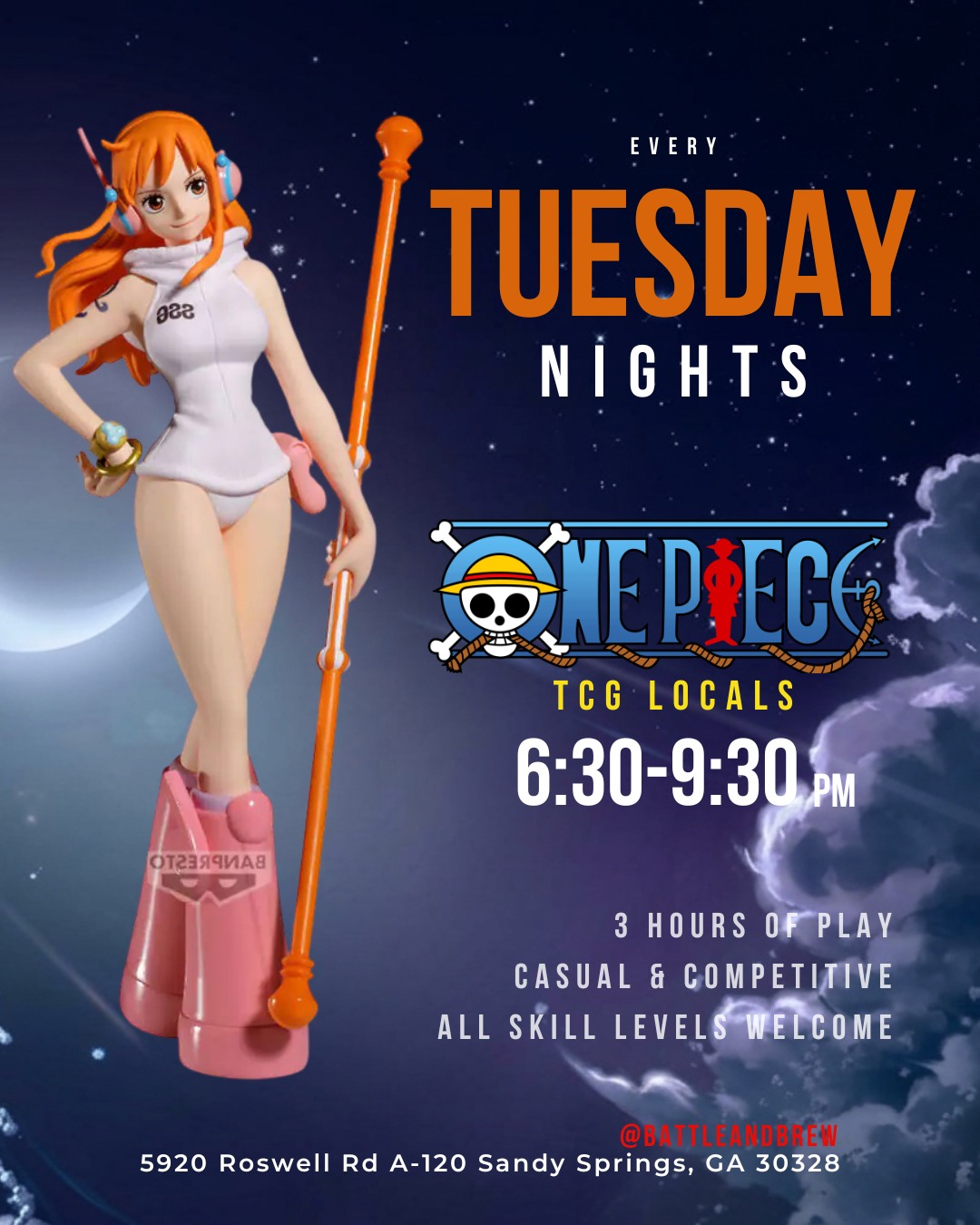 Battle & Brew Facebook ad: TCG Tuesday: One Piece + Riftbound + Pokémon Trading Card…
