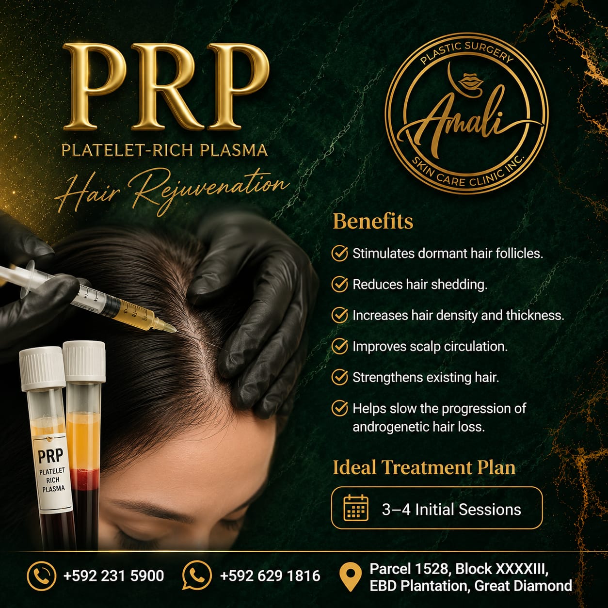 Amali Plastic Surgery & Skin Care Clinic Facebook ad: Struggling with thinning hair or excessive shedding?