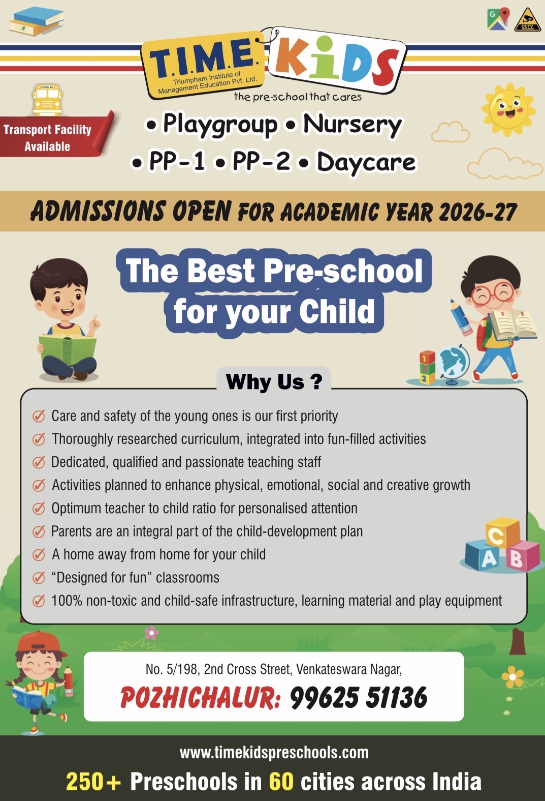 Time kids preschool Pozhichalur Facebook ad: One of the best pre-school with fun-filled curriculum…