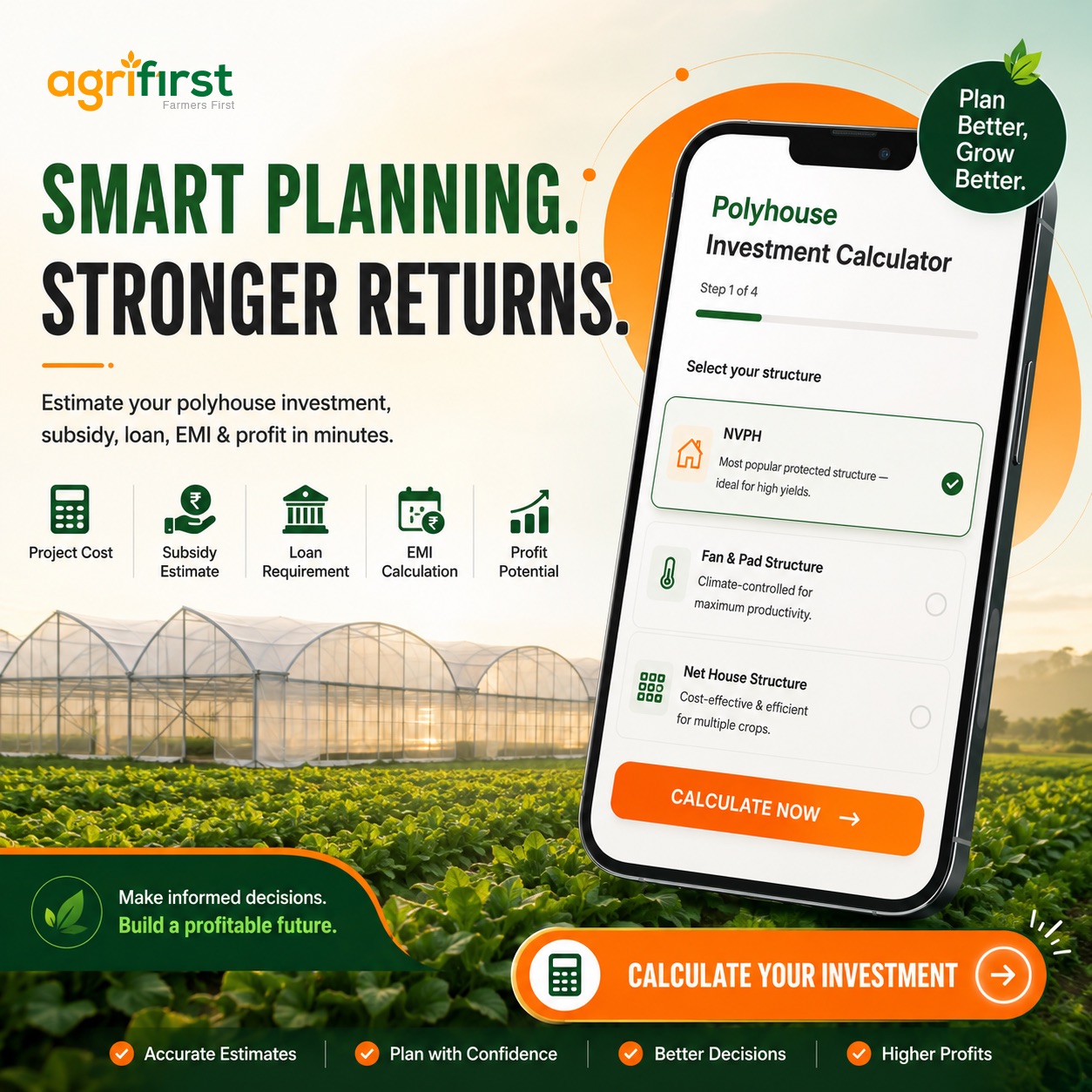 Agrifirst - Farmers First Facebook ad: Polyhouse Calculator, Cost, Subsidy, Loan & EMI Estimator…