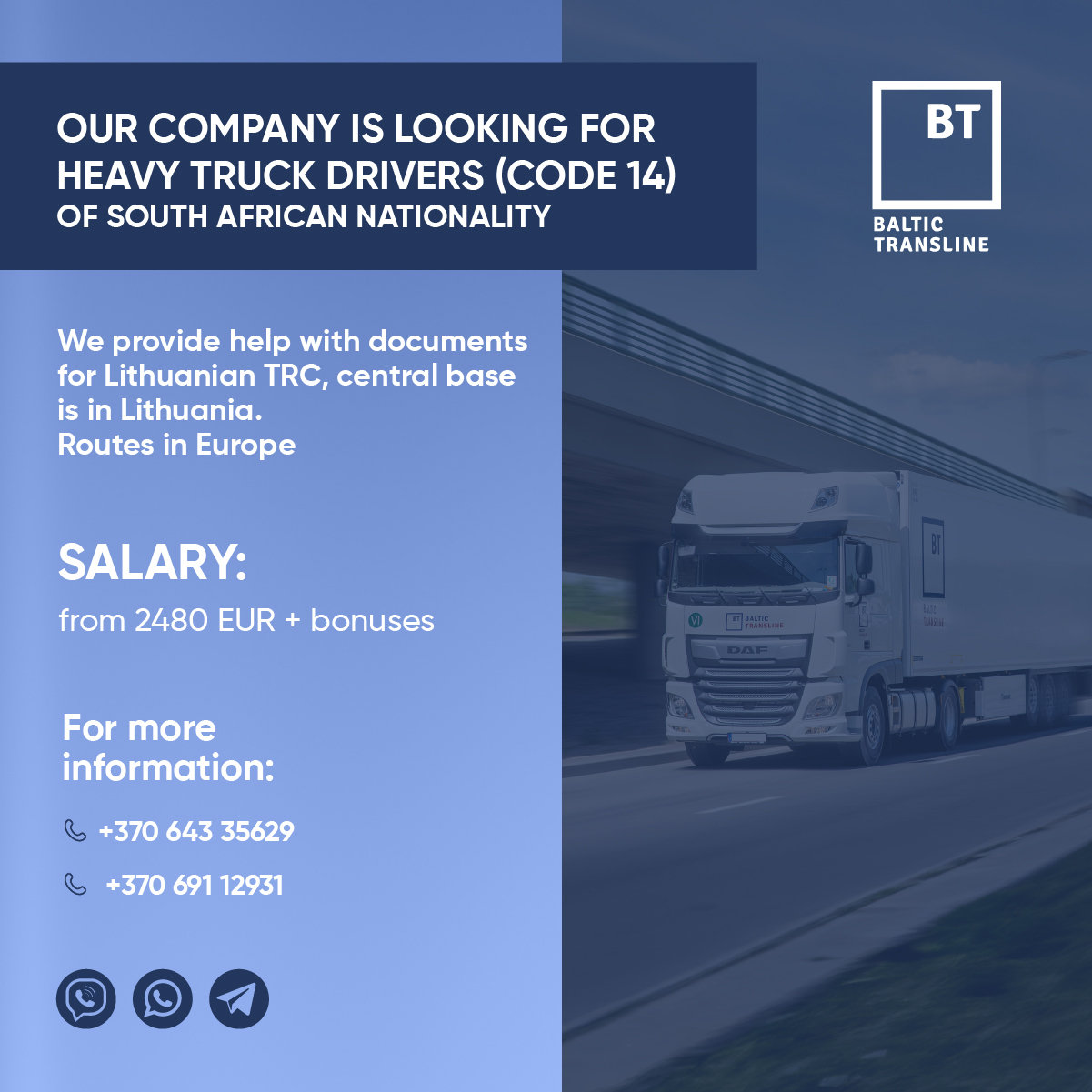 Baltic transline, UAB Facebook ad: Salary2480 Eur + BONUSES (monthly)