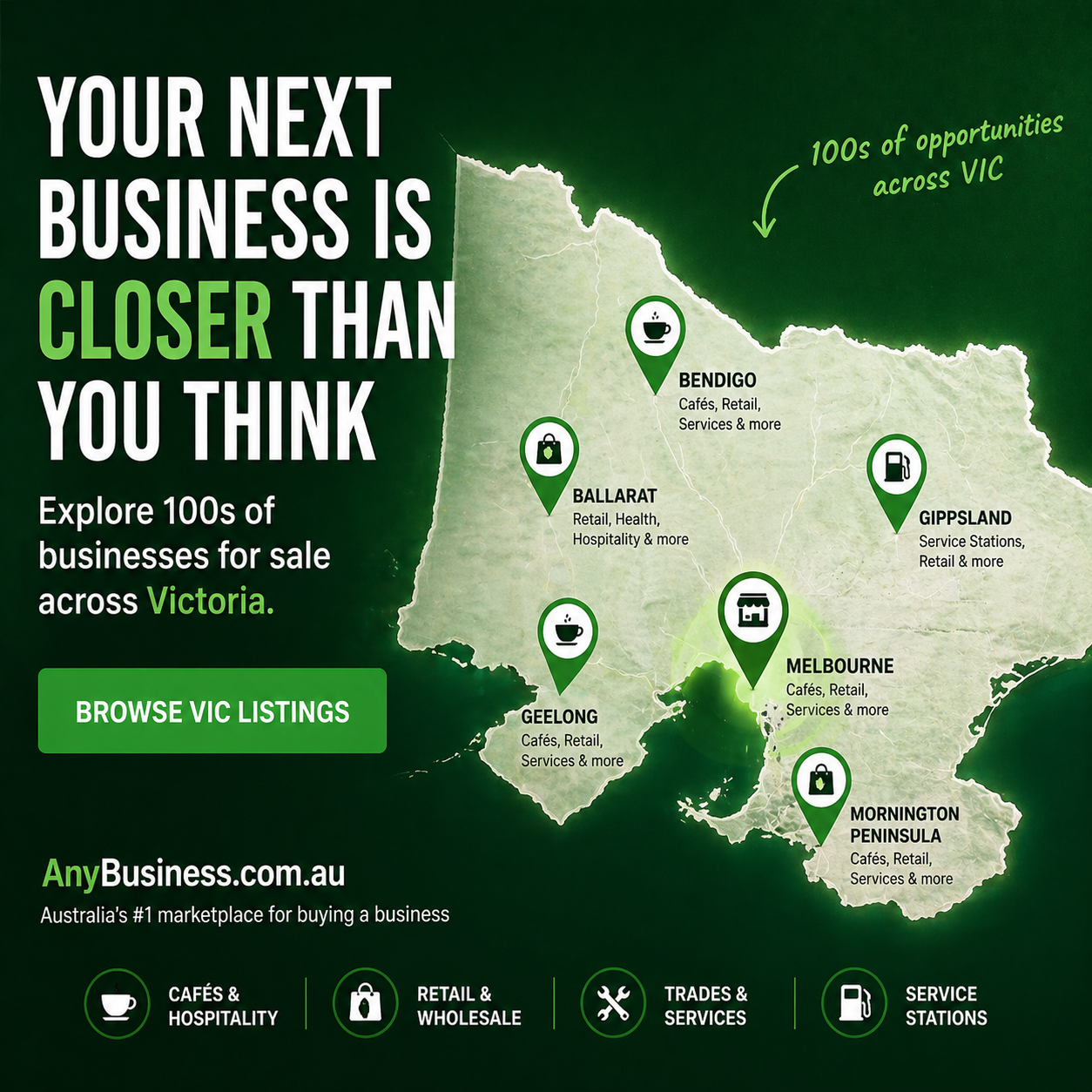 anybusiness.com.au Facebook ad: Browse 10,000+ Businesses For Sale In Victoria