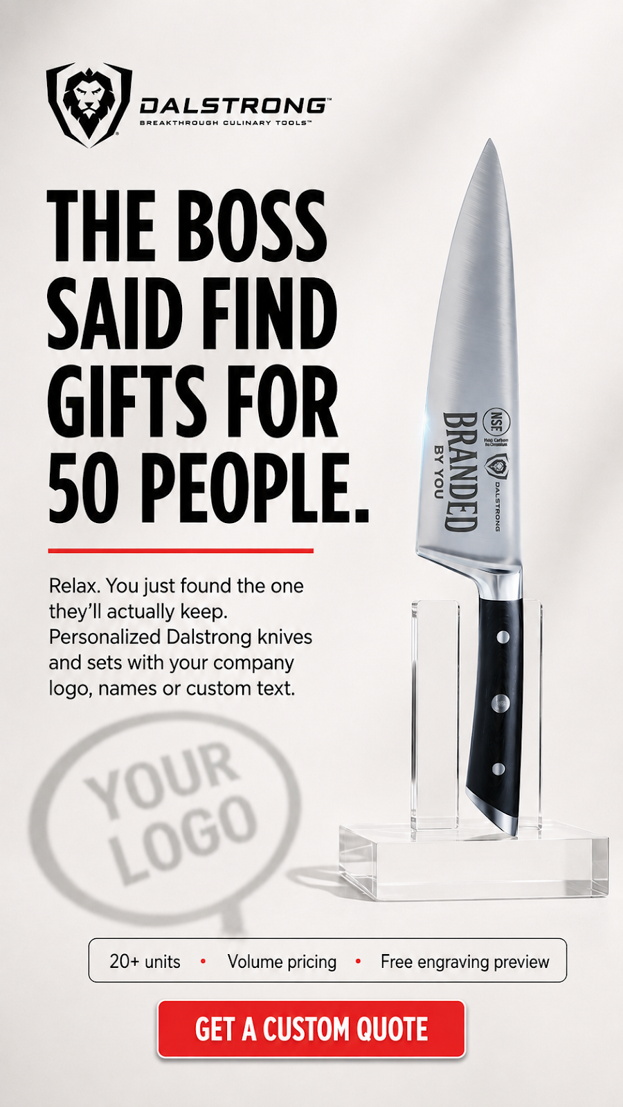 Dalstrong Facebook ad: Bulk Engraved Gifts, One Logo