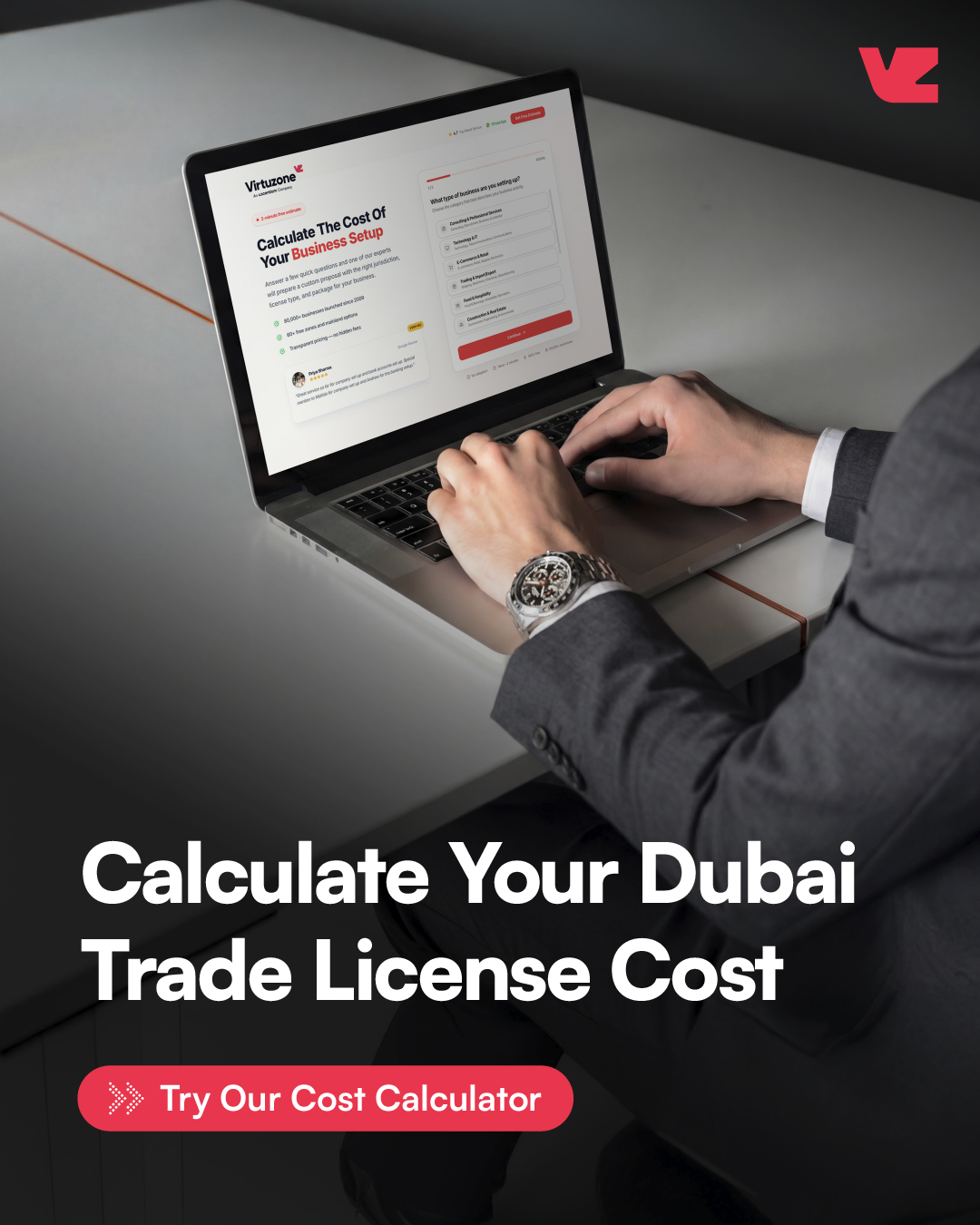Virtuzone Facebook ad: Find Out Your Startup Cost