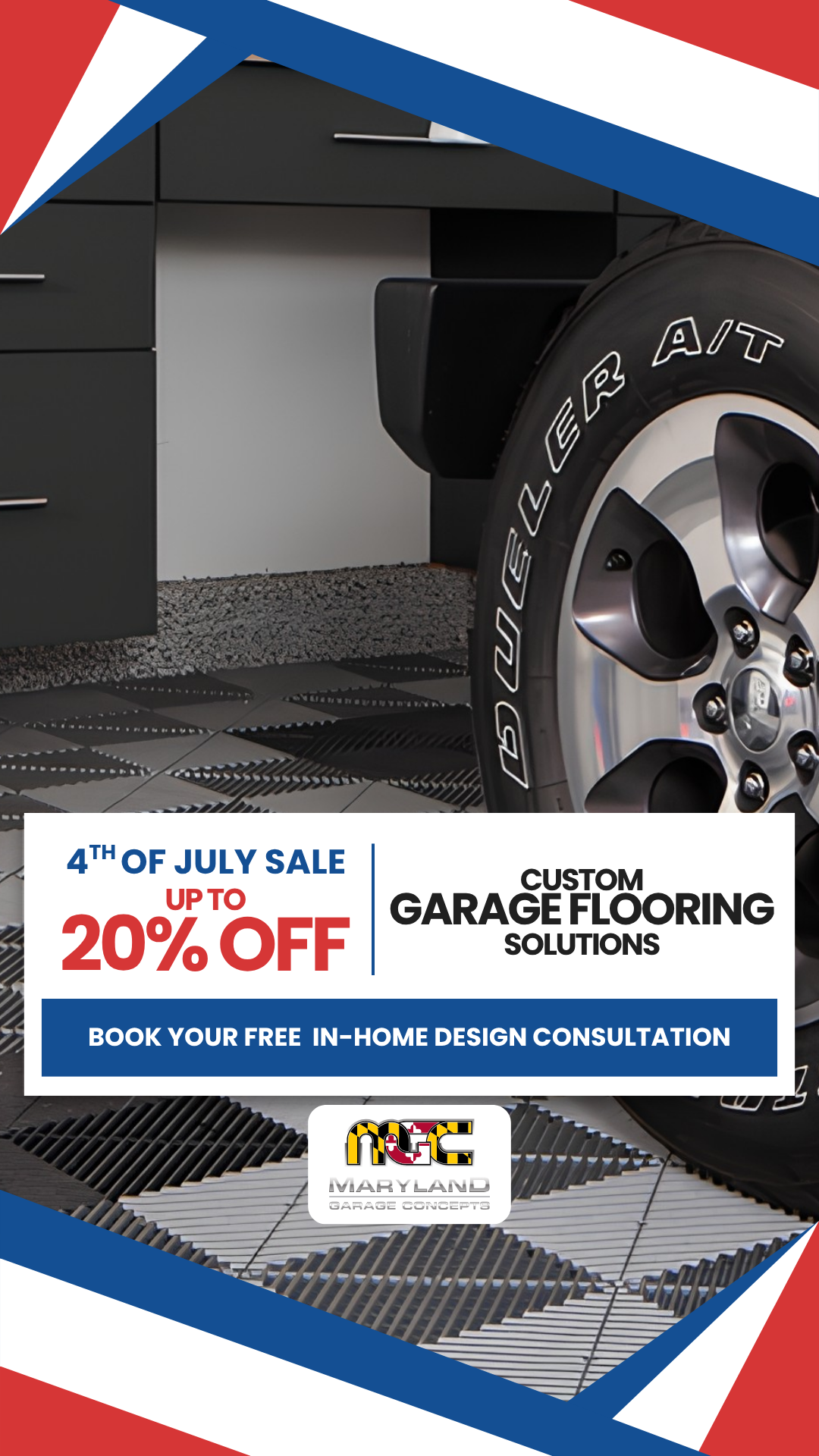 Maryland Garage Concepts Facebook ad: Up to 20% Off This 4th of July