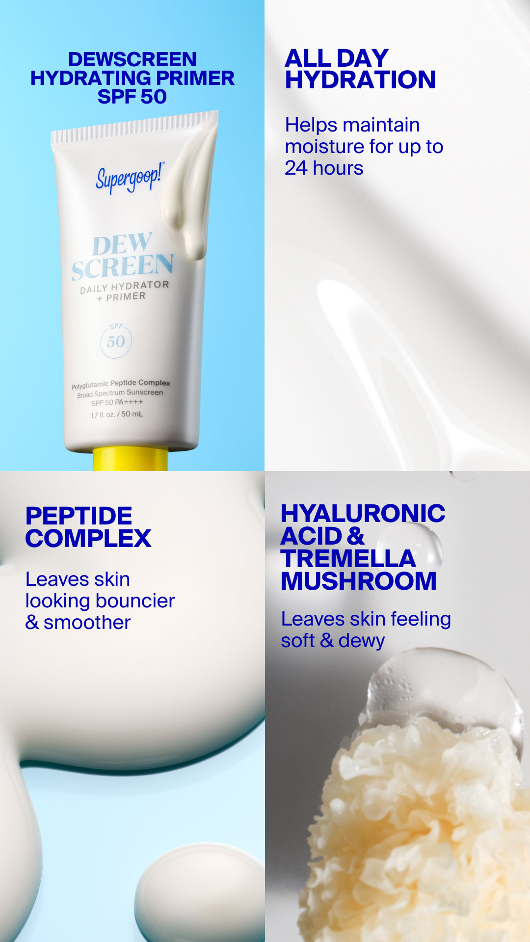 Supergoop Facebook ad: Supergoop! Dewscreen Daily Hydrator + Primer SPF 50