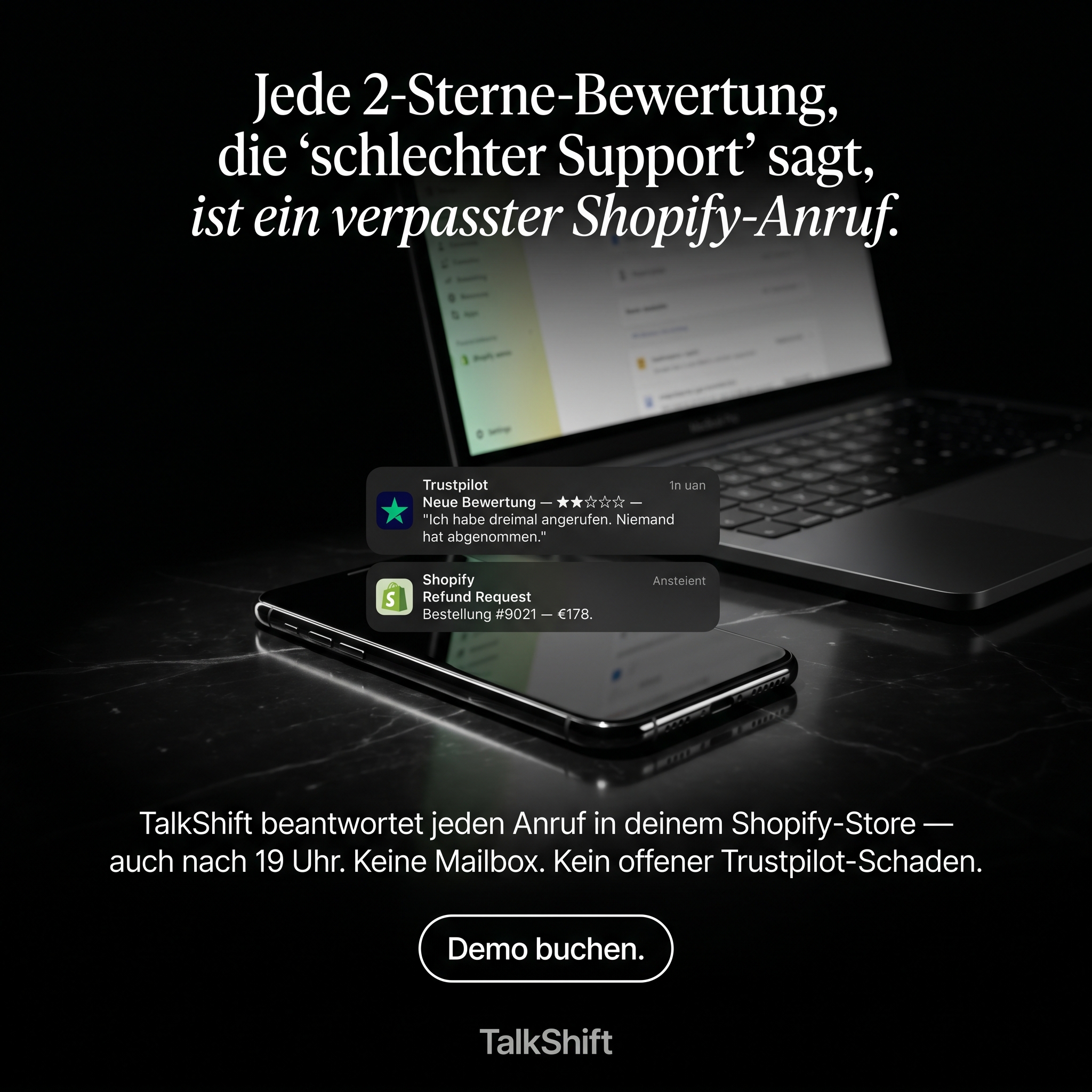 TalkShift Facebook ad: -72% Chargebacks durch Telefon KI