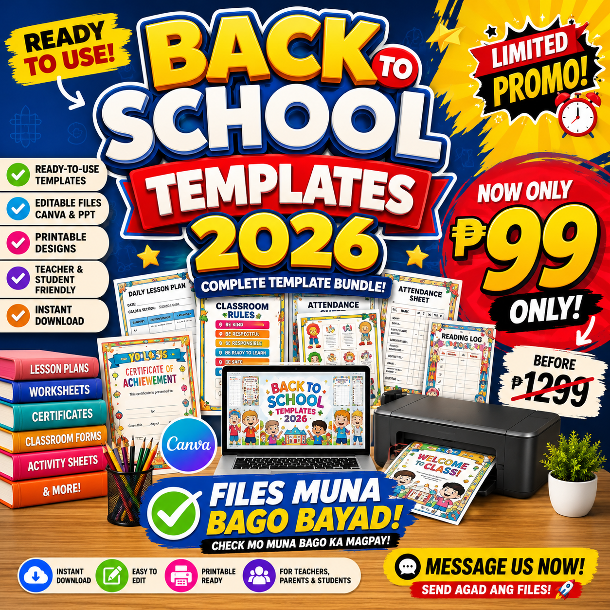 Back to School Templates Facebook ad: COMPLETE BACK TO SCHOOL TEMPLATE BUNDLE ₱99 ONLY!