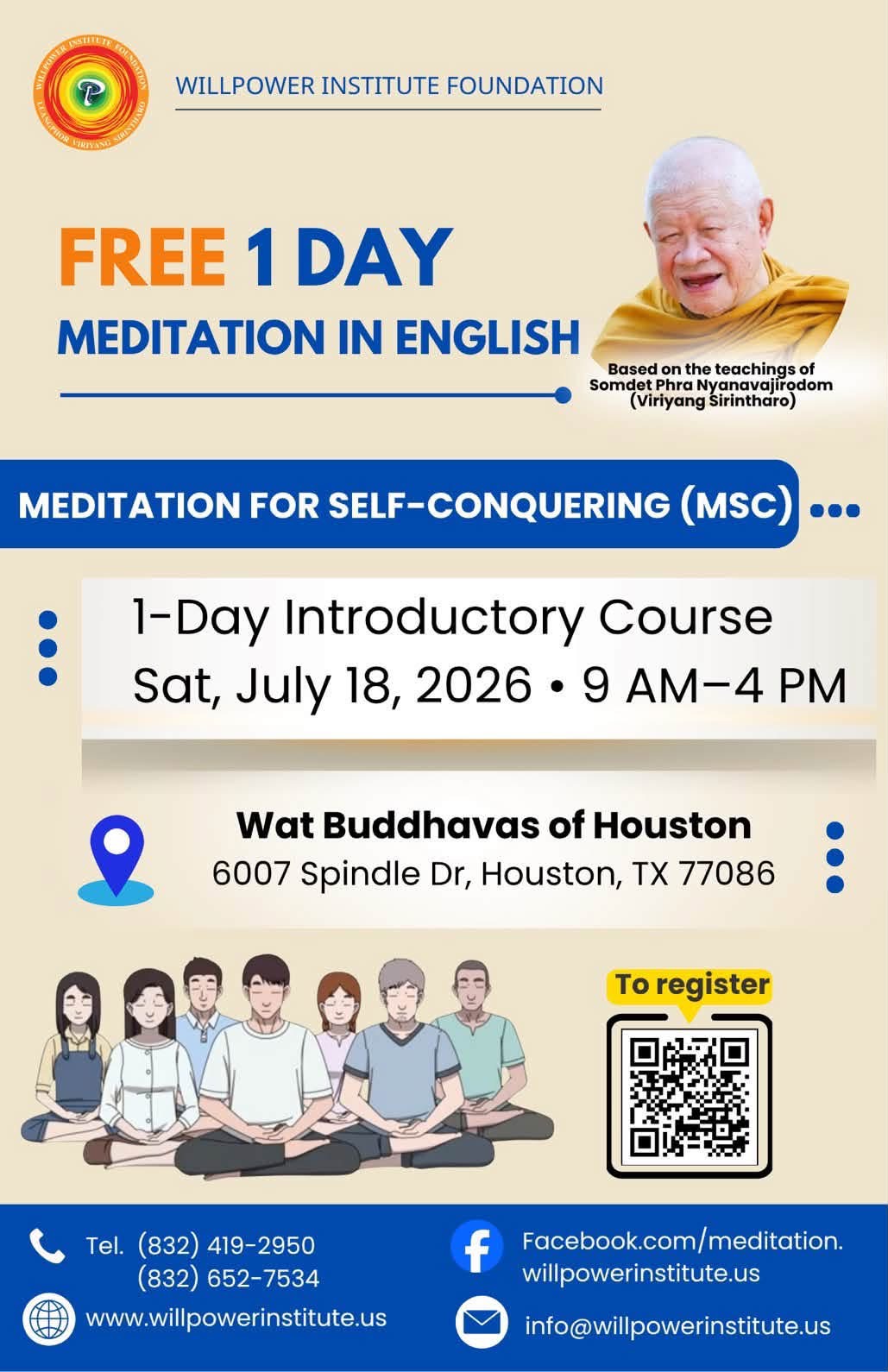 Willpower Institute USA by Luangphor Viriyang Sirintharo Foundation Facebook ad: FREE ONE-DAY ENGLISH MEDITATION COURSE