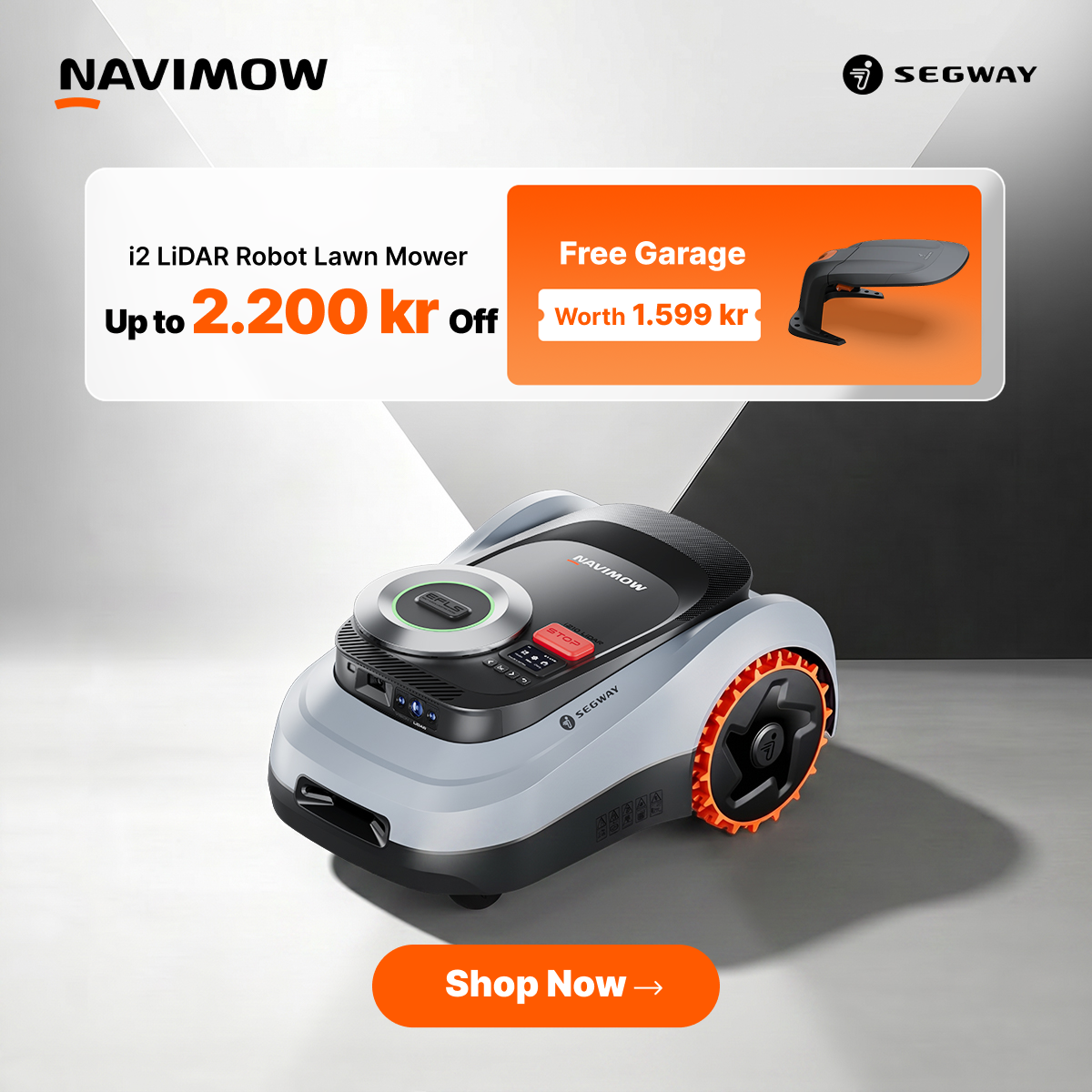 Segway Navimow Nordics Facebook ad: Navimow i2 LiDAR | Up to 2200 kr OFF + FREE Garage