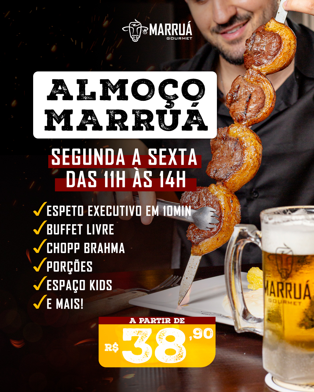 Marruá Gourmet Facebook ad: Espetos Executivos prontos em até 10 MINUTOS