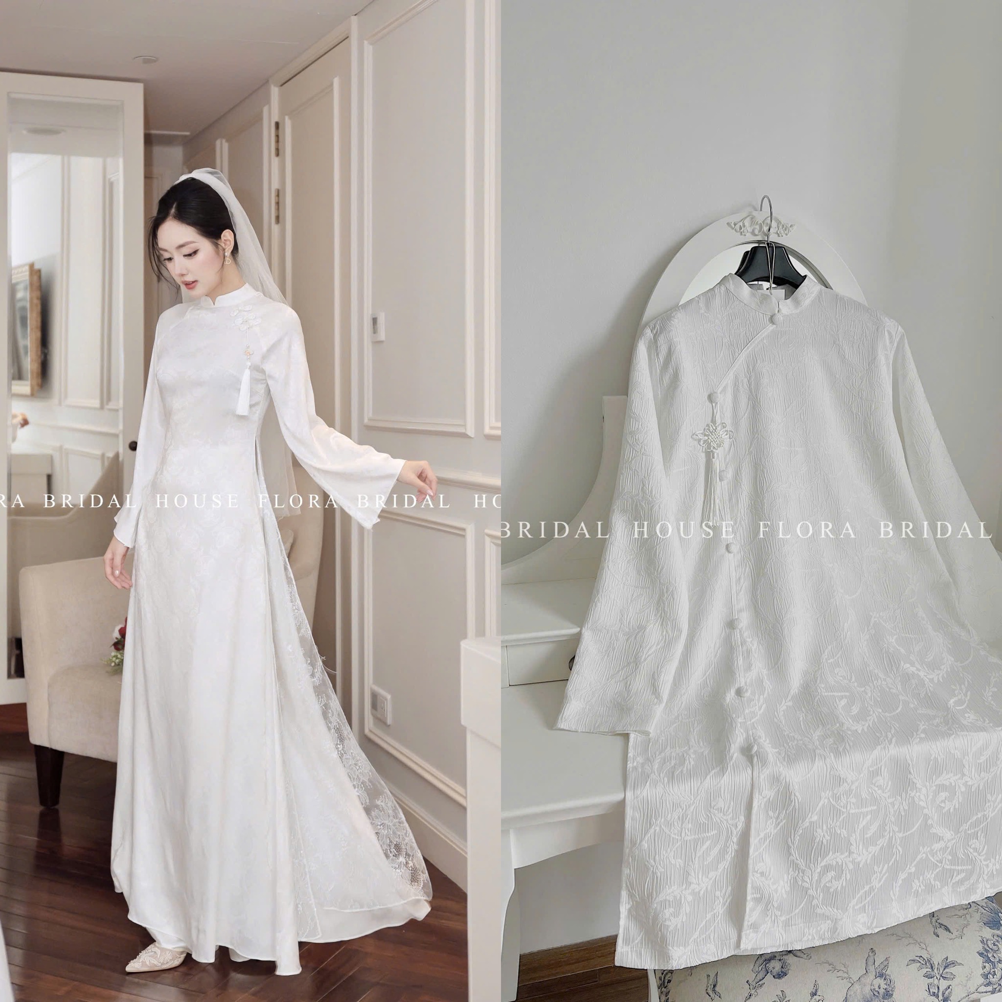 Flora Bridal House Facebook ad: 𝐀́𝐎 𝐃𝐀̀𝐈 Đ𝐎̂𝐈 𝐂𝐇𝐎 𝐍𝐆𝐀̀𝐘 𝐂𝐔̛𝐎̛́𝐈 𝐂𝐇𝐈̉…
