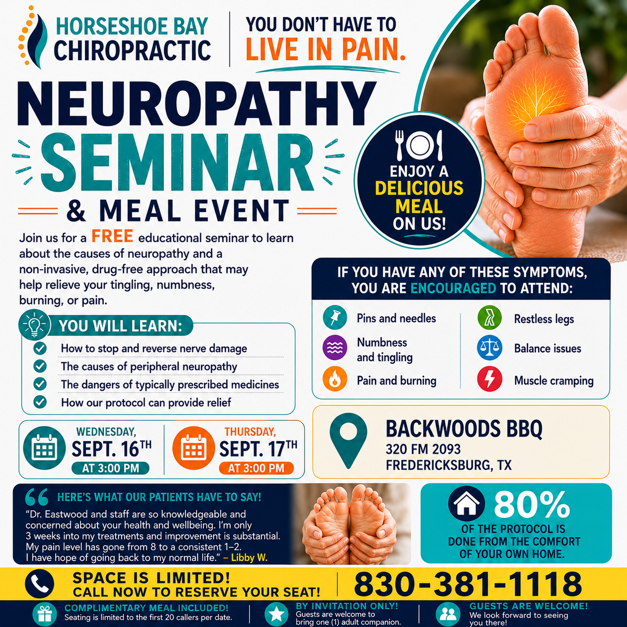 Horseshoe Bay Chiropractic Facebook ad: FREE Neuropathy Seminar & Meal - September 16th or 17th