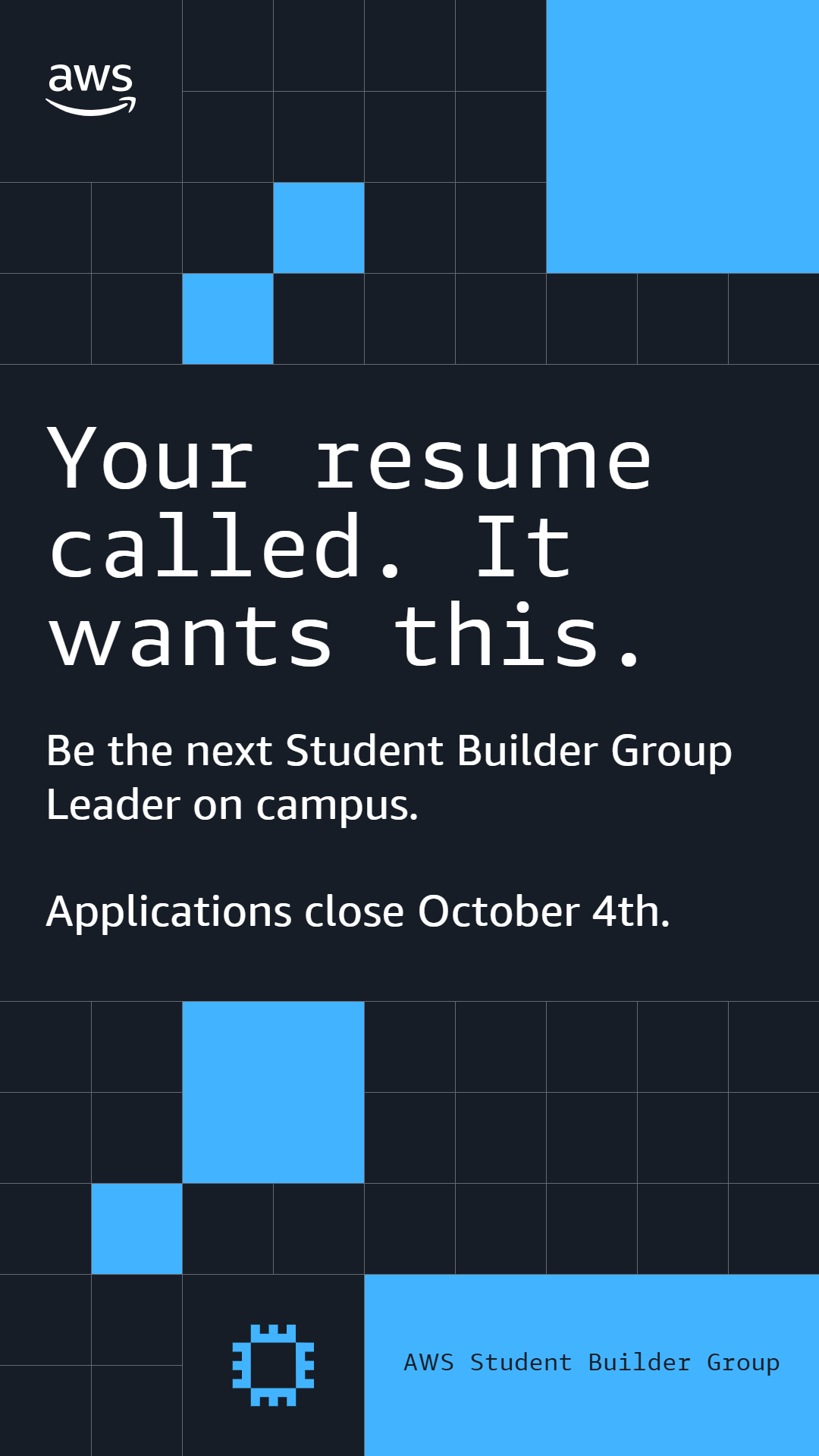 Next Gen.Team Facebook ad: AWS is looking for Student Builder Group Leaders…