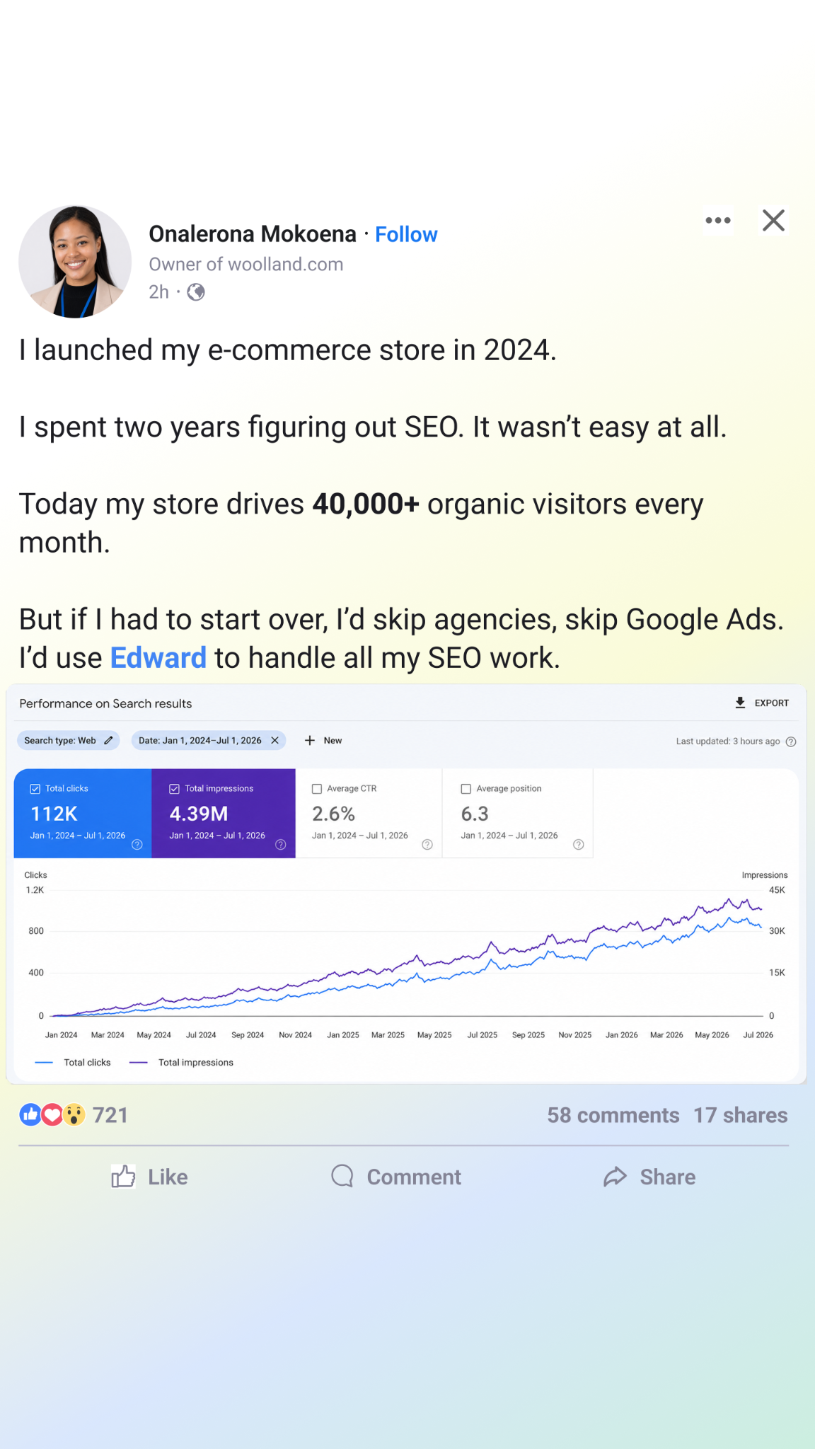 Edward SEO Facebook ad: Show up #1 on Google and ChatGPT