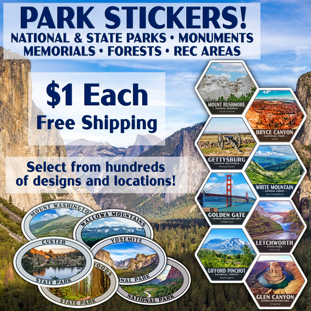 Just Go Travel Studios Facebook ad: $1 National & State Park Stickers-Free Shipping!