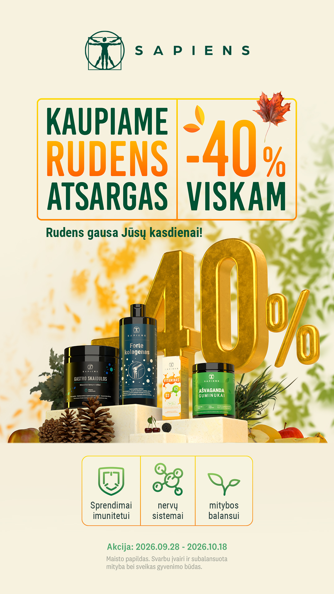 Sapiens Facebook ad: -40% NUOLAIDA VISKAM!