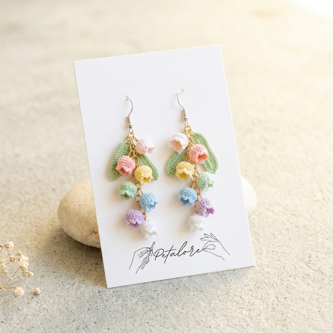 Petalore Facebook ad: A cascade of colorful bell flowers, each hand-crocheted…