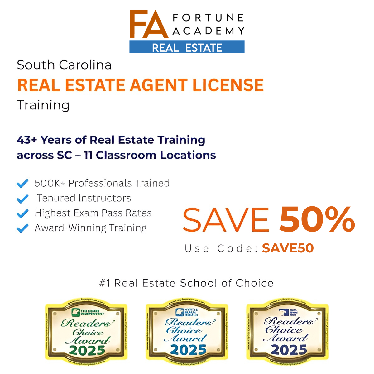 Fortune Academy of Real Estate Facebook ad: Save $300 on Your Real Estate License