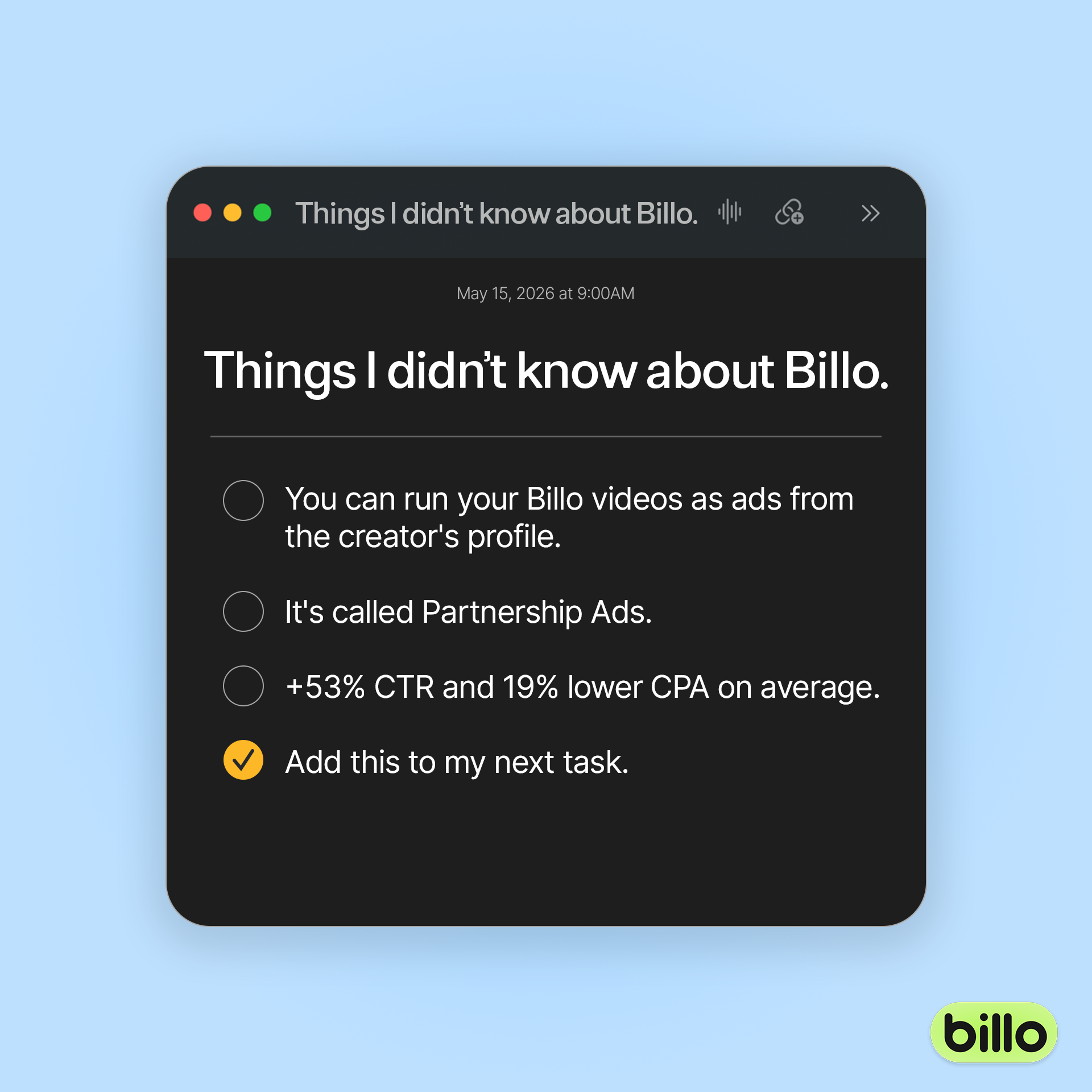 Billo Facebook ad