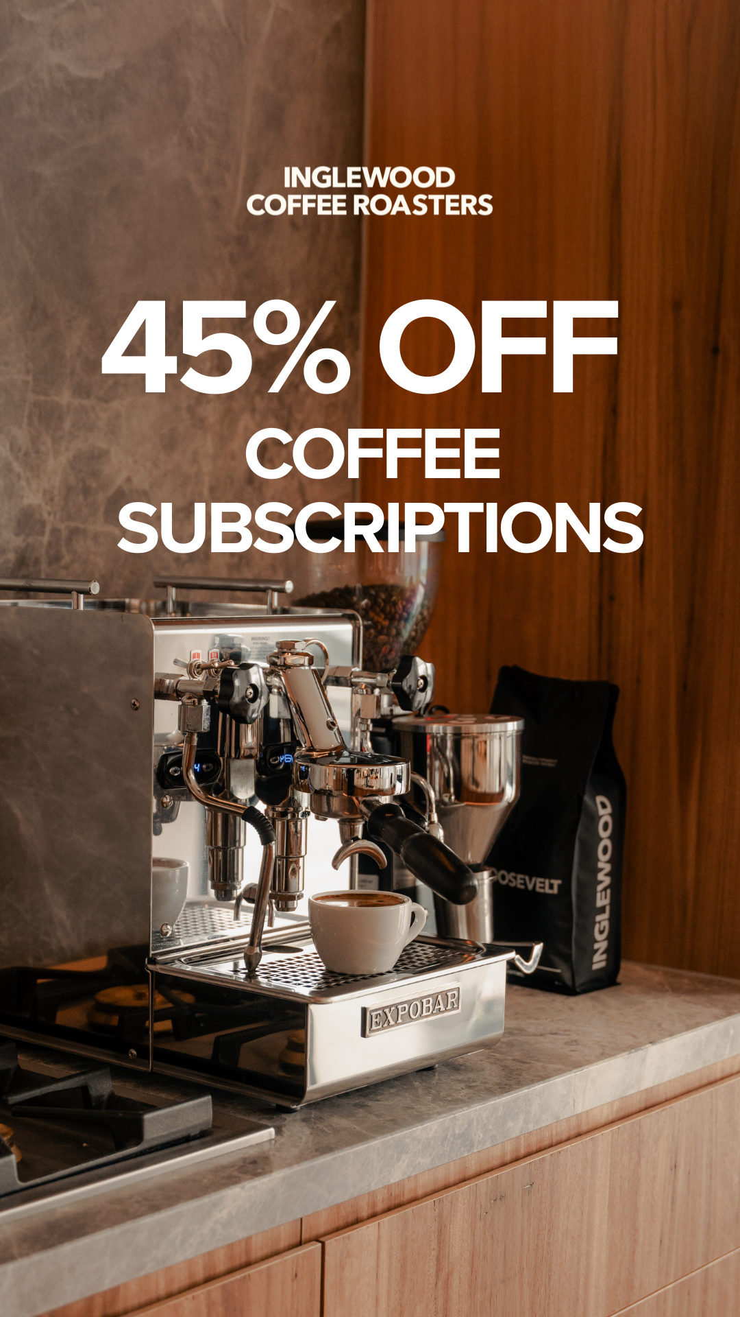 Inglewood Coffee Roasters Facebook ad: 45% off Coffee Subscriptions