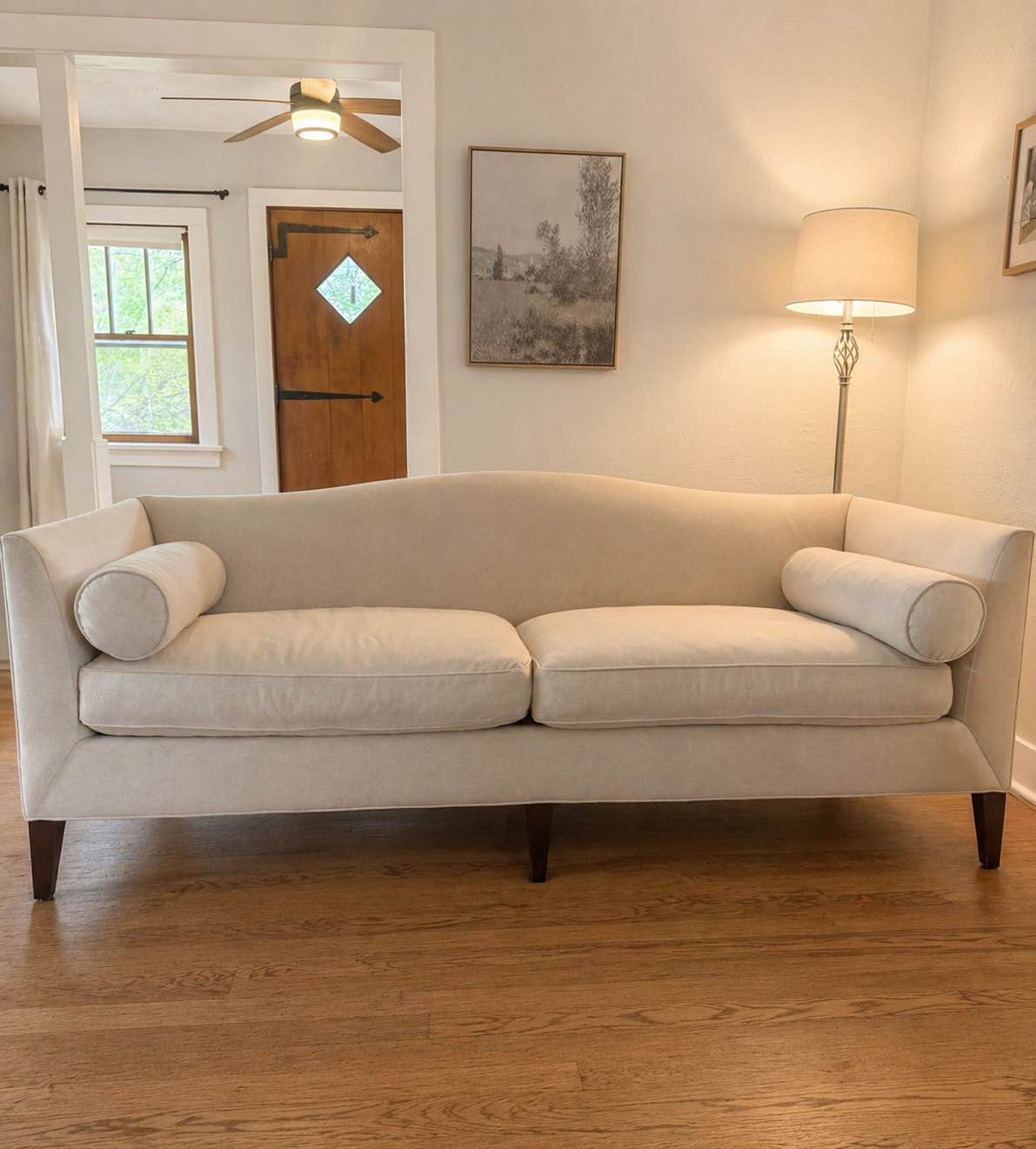 Jessalyn Nelson Facebook ad: Baker Camel Back Sofa- Designer, Like New, Retails $9k+