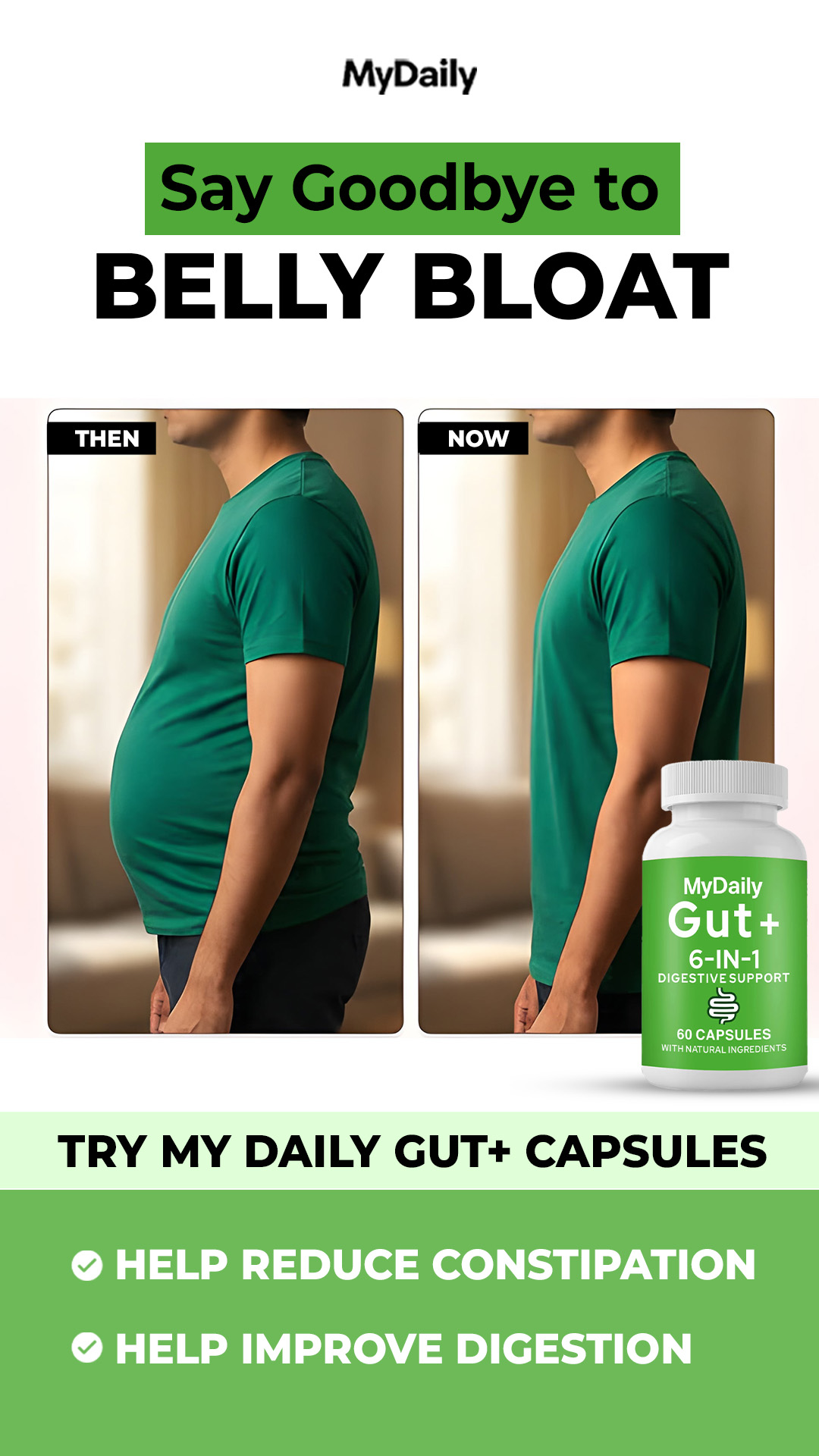 MyDaily Supplements UAE Facebook ad: Constipation Relief in 2 Capsules.