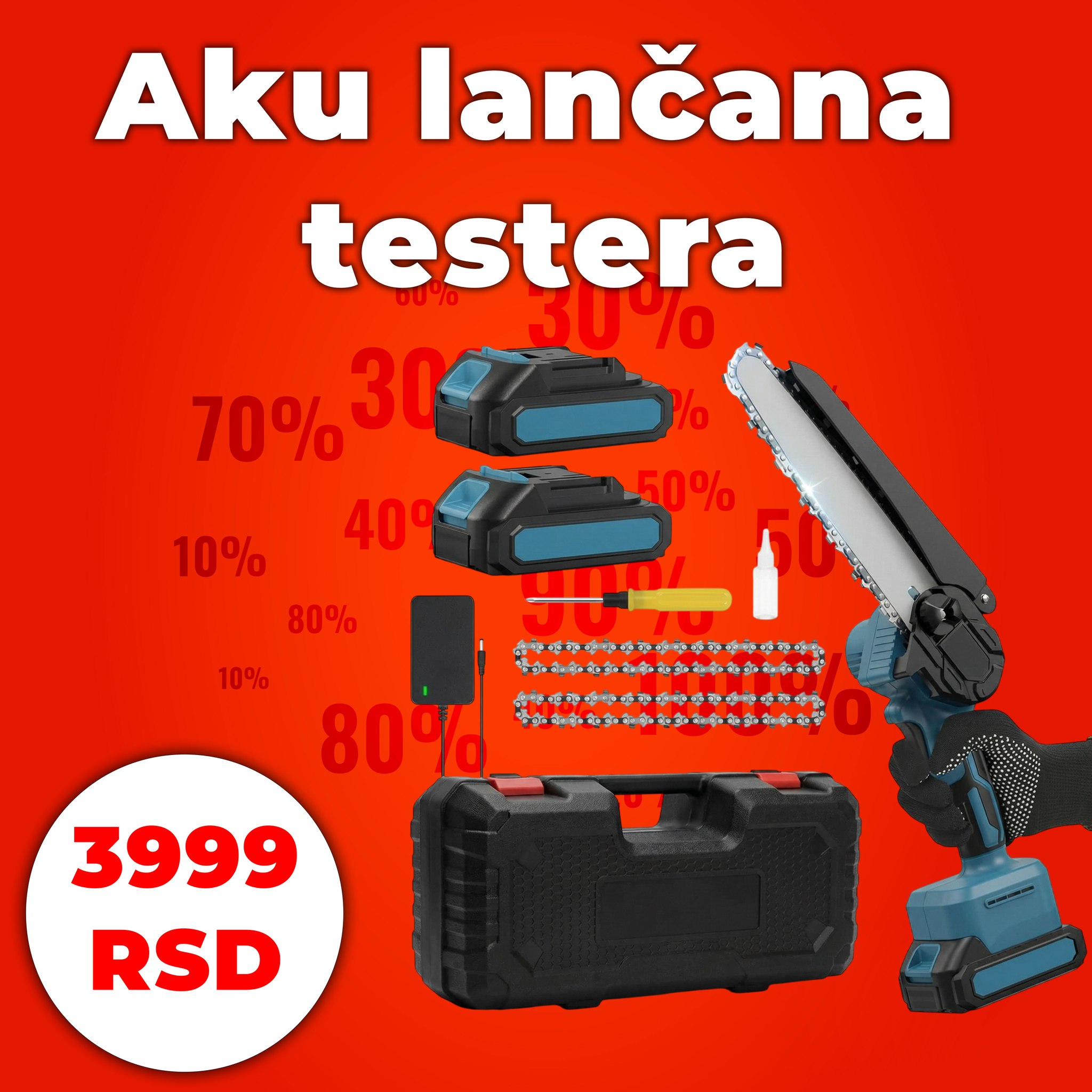 Na popustu samo danas Facebook ad: NAJBOLJA PONUDA Aku lančana testera sa 2 baterija…