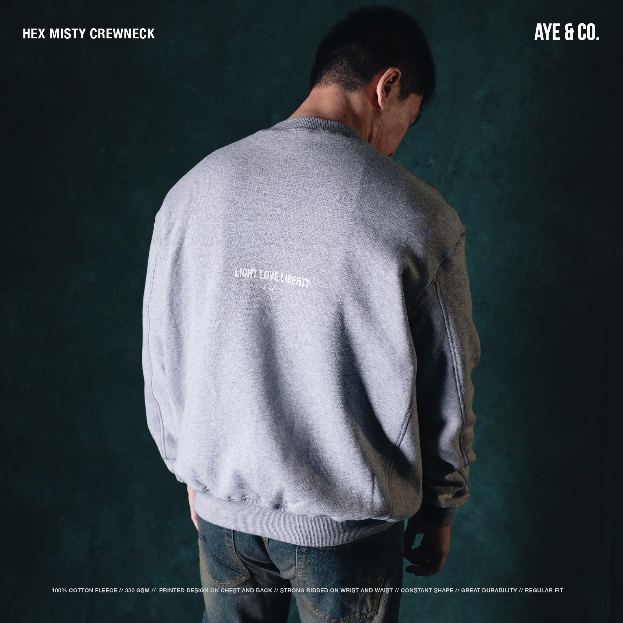 AYE & CO Facebook ad: HEX MISTY CREWNECK AVAILABLE NOW!