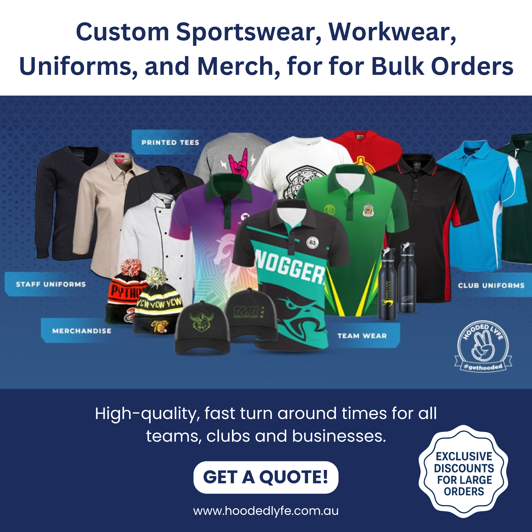 Hooded Lyfe Facebook ad: Branded Uniforms & Merch in Bulk