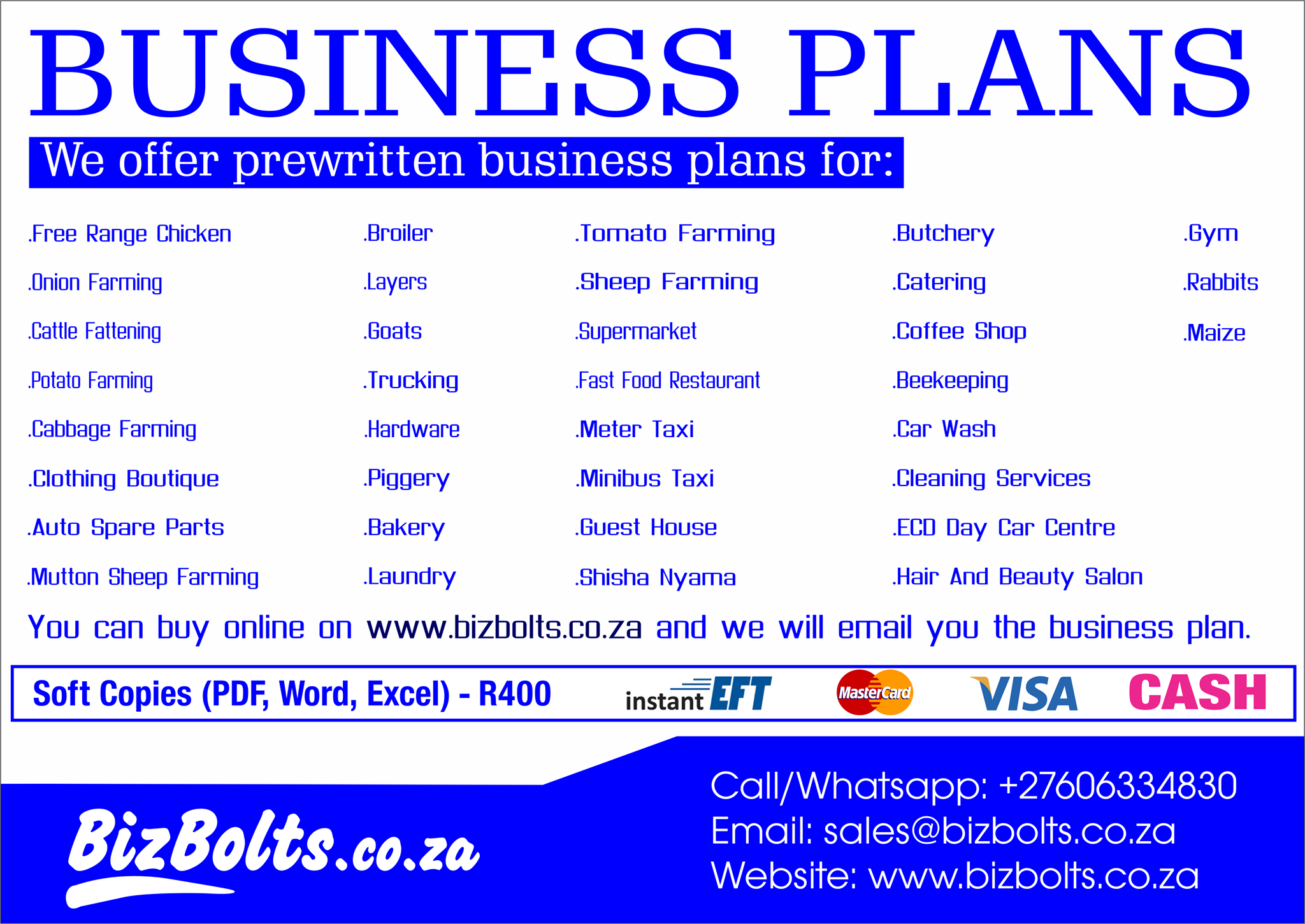 BizBolts Facebook ad: PRE-WRITTEN BUSINESS PLANS FOR SOUTH AFRICA (PDF, WORD AND…
