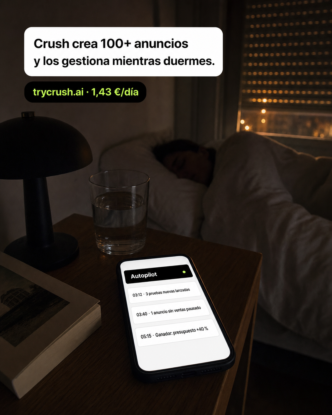 trycrush.ai Facebook ad: Anuncios gestionados mientras duermes