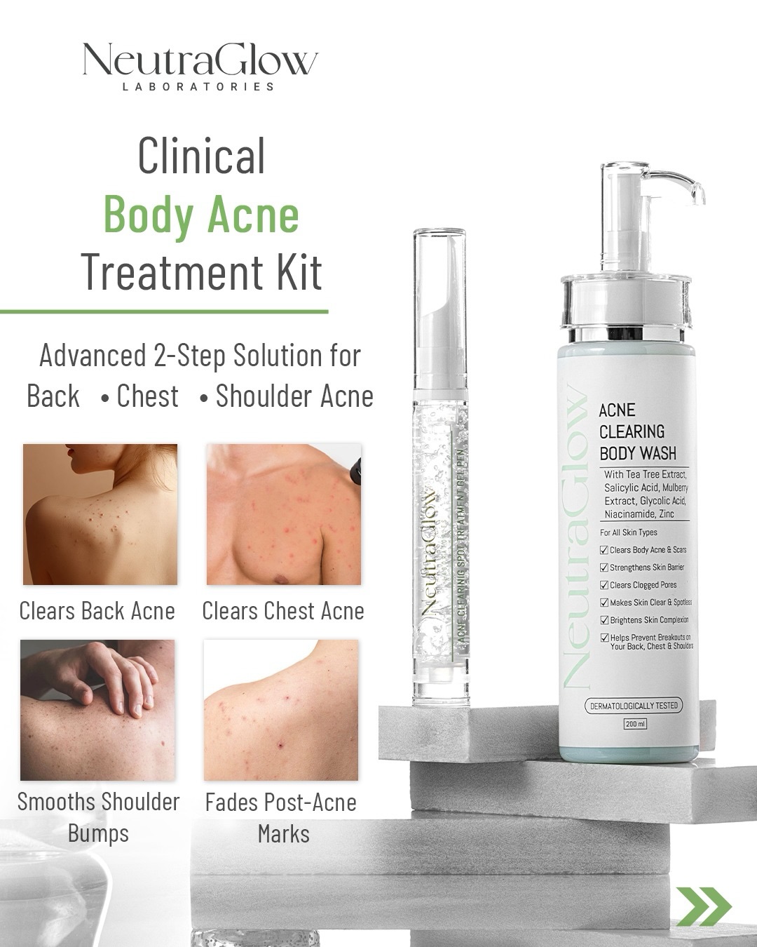 NeutraGlow Facebook ad: NeutraGlow Clinical Body Acne Treatment Kit, an advanced…