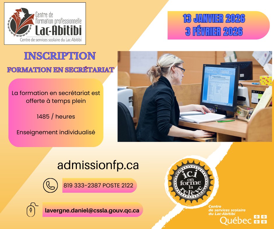 Centre de formation professionnelle Lac-Abitibi - CFPLA Facebook ad: Des places sont disponibles pour débuter ton DEP…