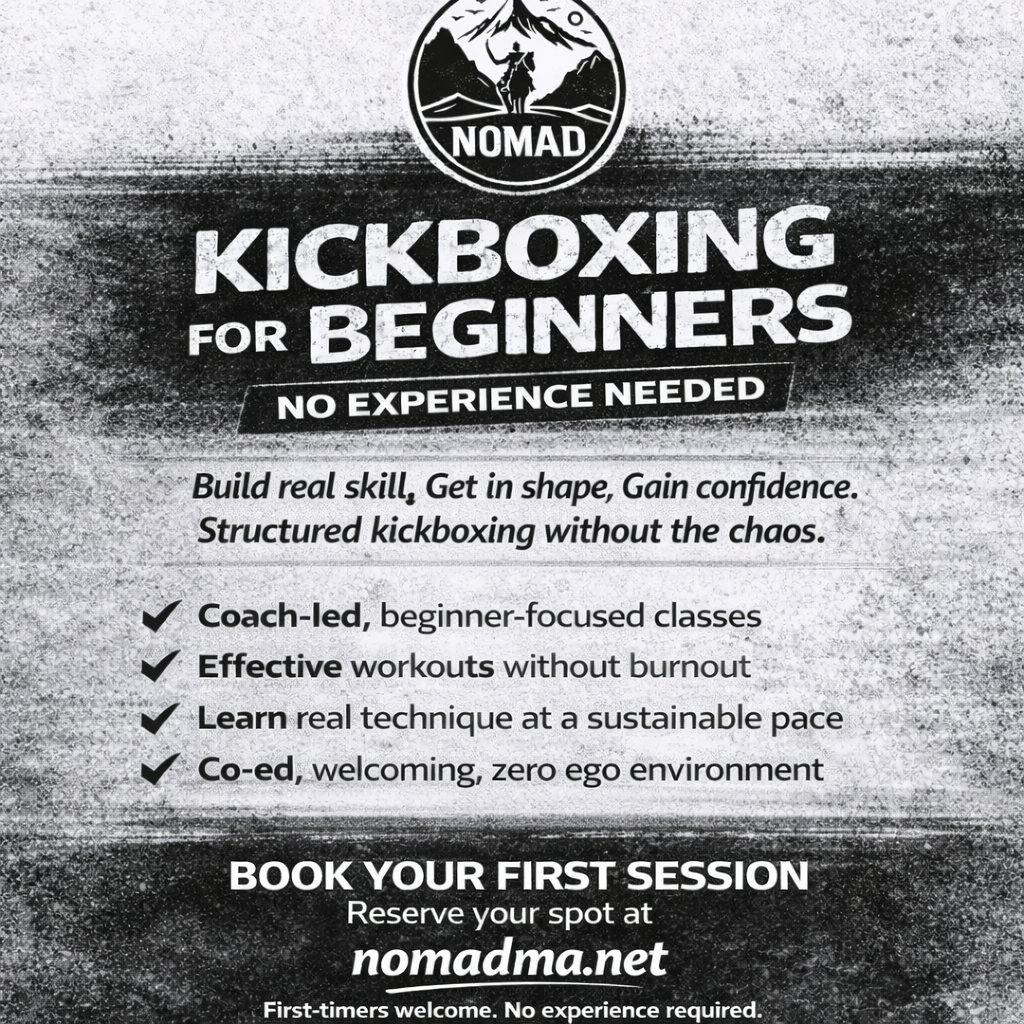 Nomad Fitness and Martial Arts Facebook ad: Train hard. Leave calm.