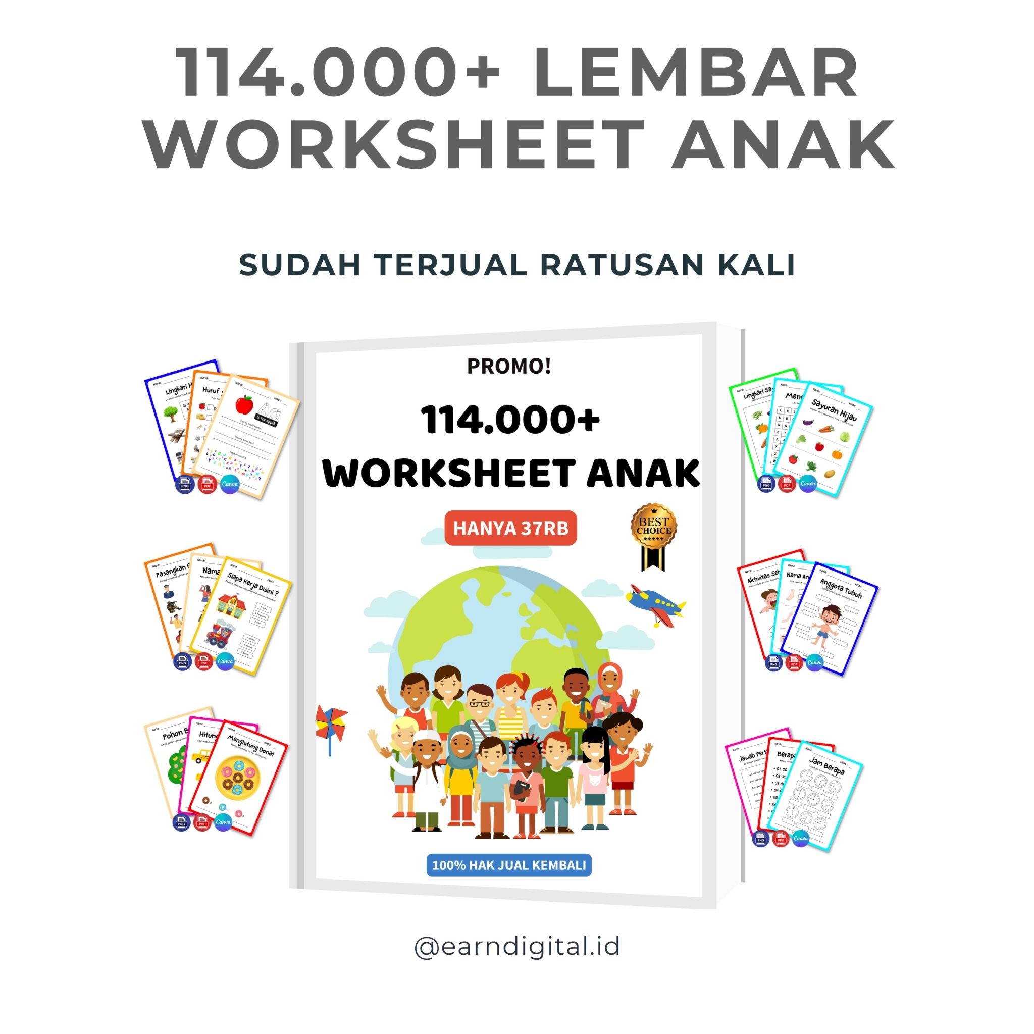 Earndigital.ID Facebook ad: PROMO! 114.000++ LEMBAR WORKSHEET ANAK HANYA 37RB saja!