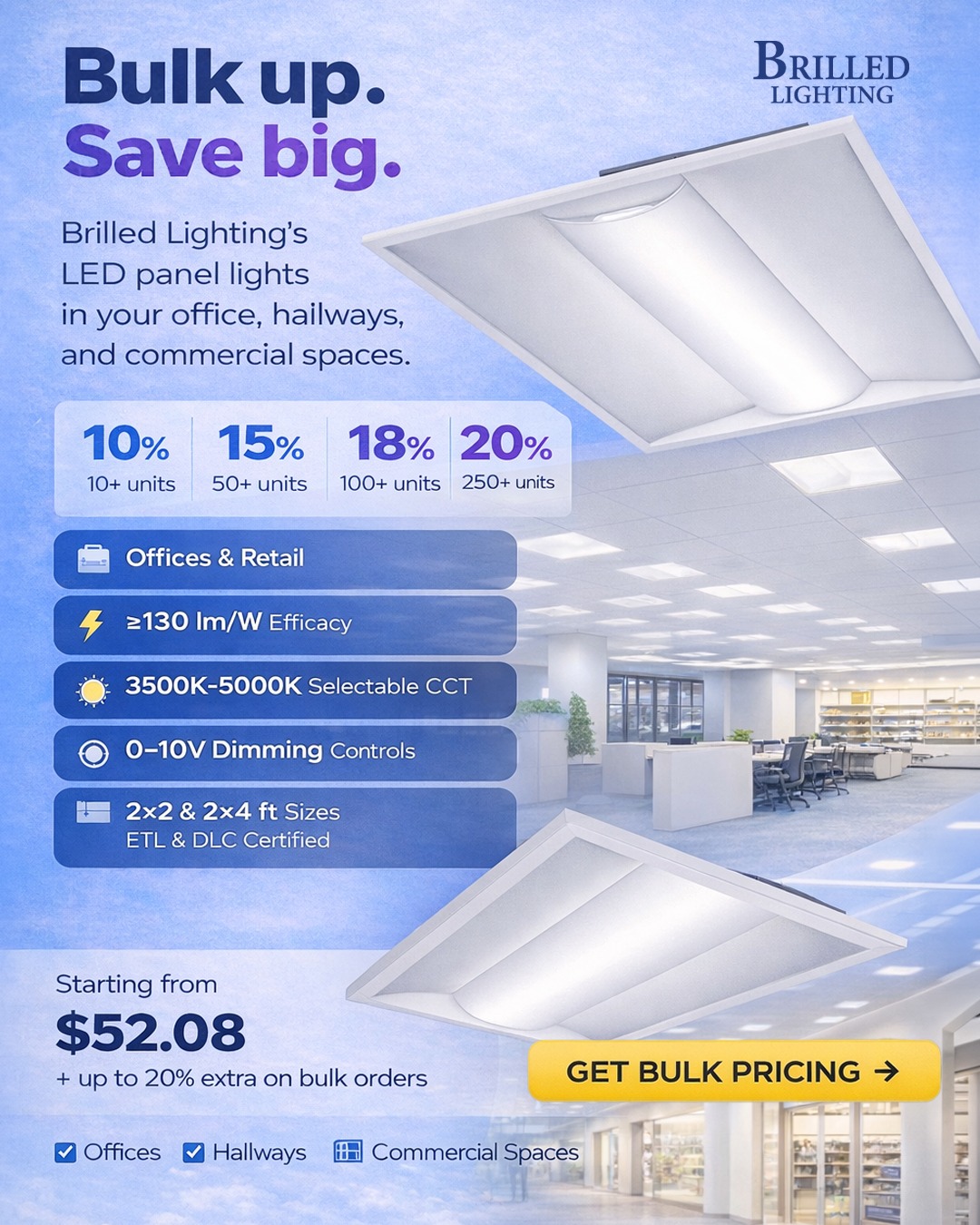 Brilled Lighting Facebook ad: Industrial Lighting in Bulk - Request Pricing Now