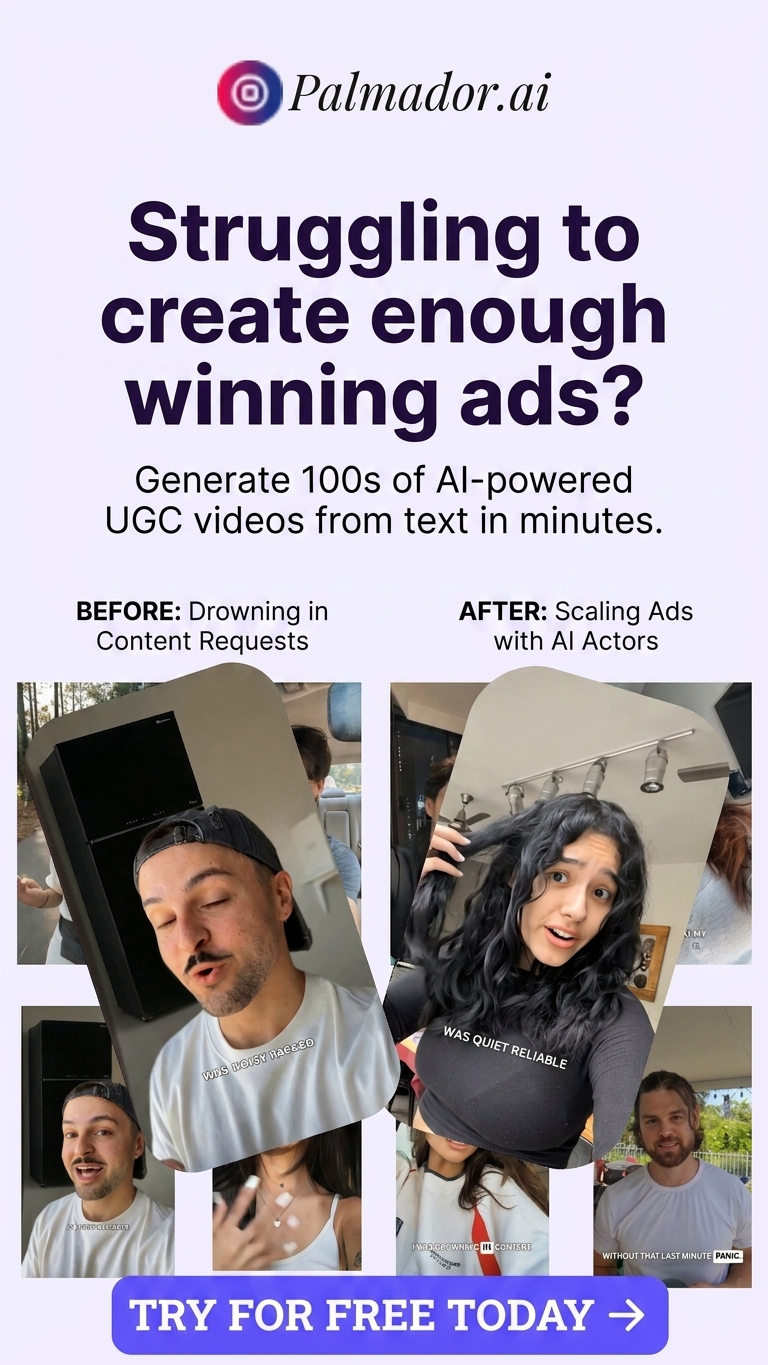 Palmador Facebook ad: AI UGC Video Ads