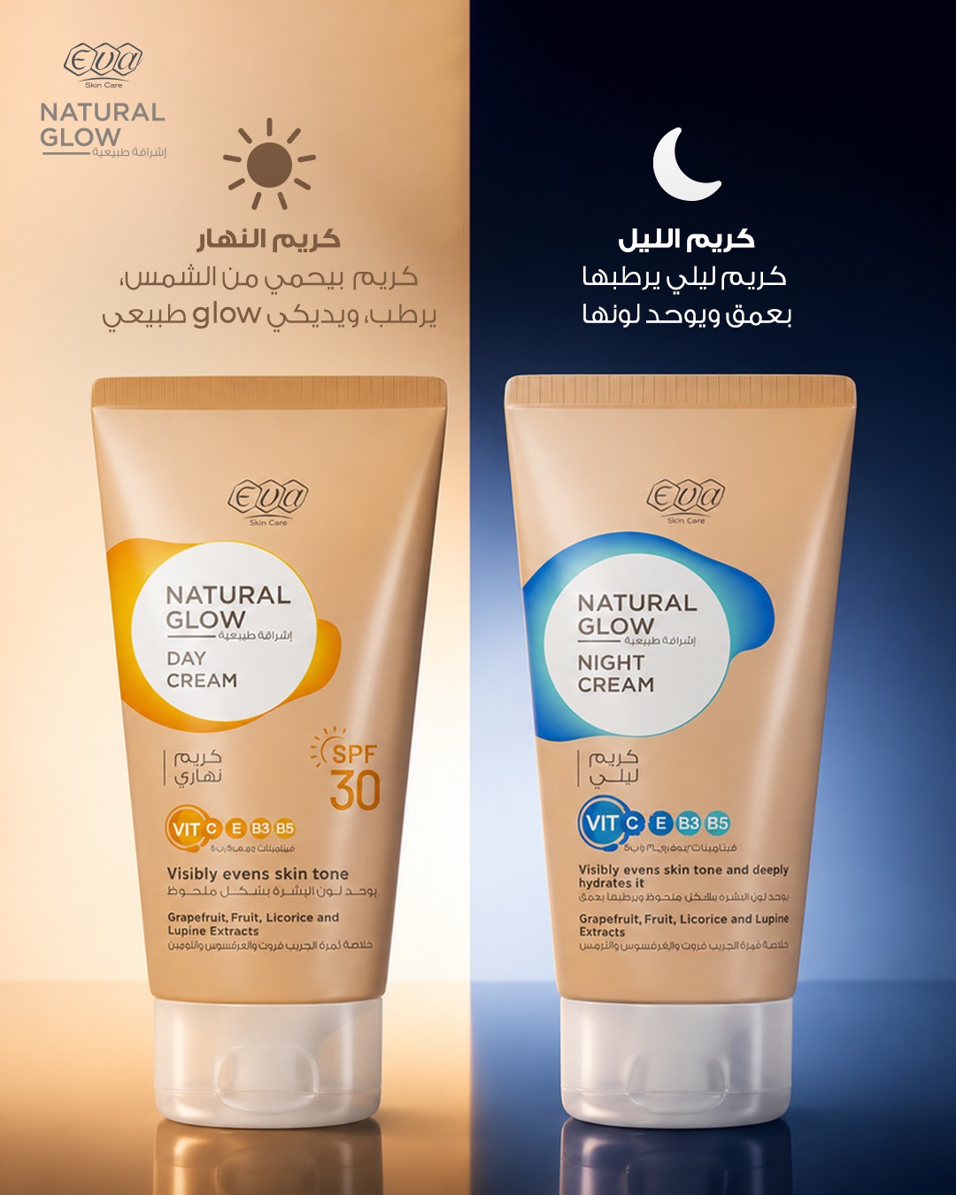 Eva Natural Glow Facebook ad: بشرتك احتياجاتها بتتغير على مدار اليوم.