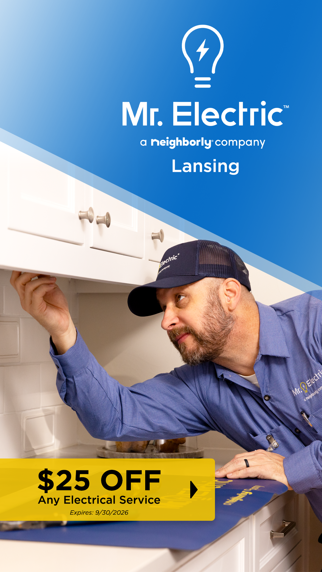 Mr. Electric of Lansing Facebook ad: Safe. Reliable. Professional Electrical Service.
